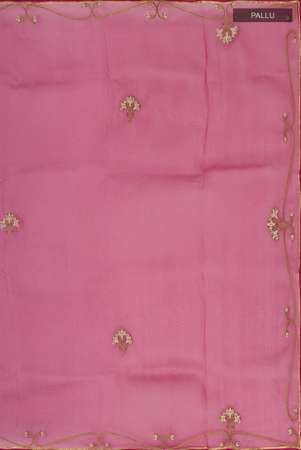 Close up image of the pallu of Maroon Organza Silk Saree with Embroidery on the body and Embroidery Border