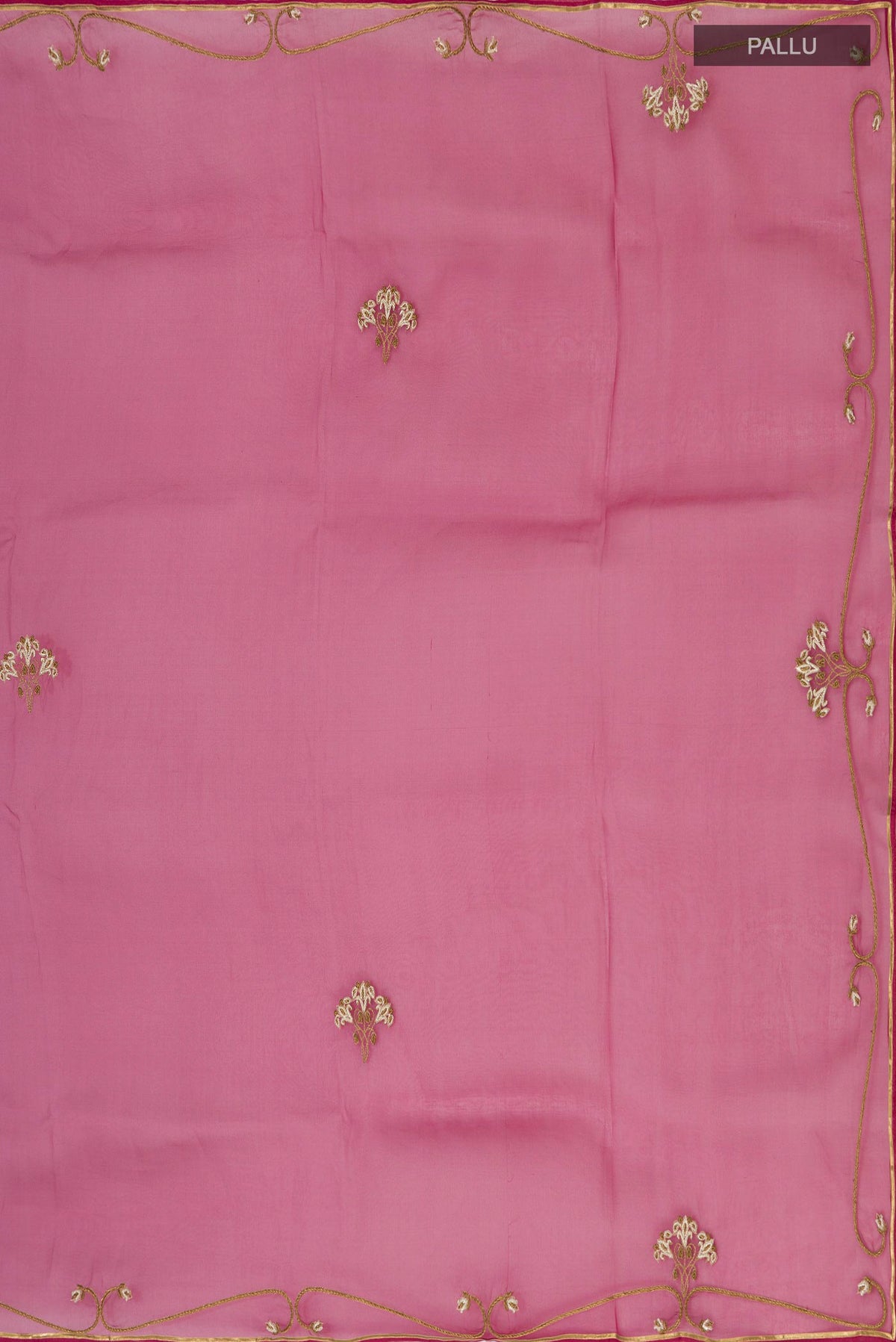 Close up image of the pallu of Maroon Organza Silk Saree with Embroidery on the body and Embroidery Border