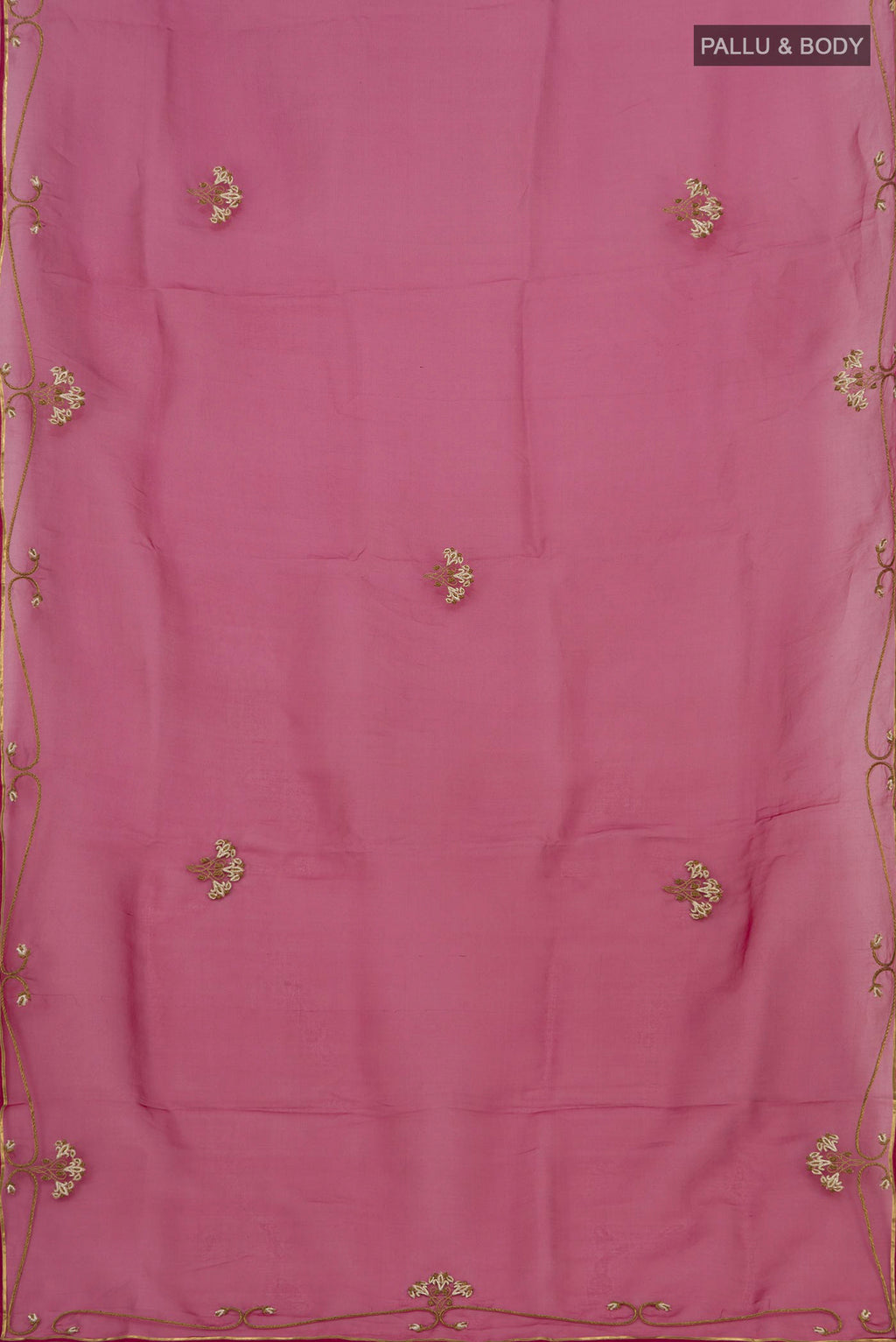 Flat view of Maroon Organza Silk Saree with Embroidery on the body and Embroidery Border