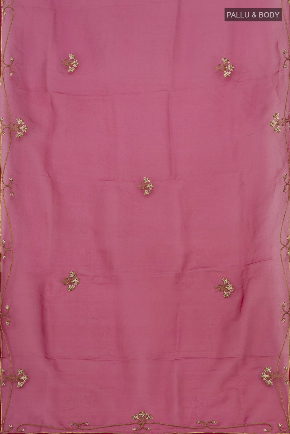 Flat view of Maroon Organza Silk Saree with Embroidery on the body and Embroidery Border