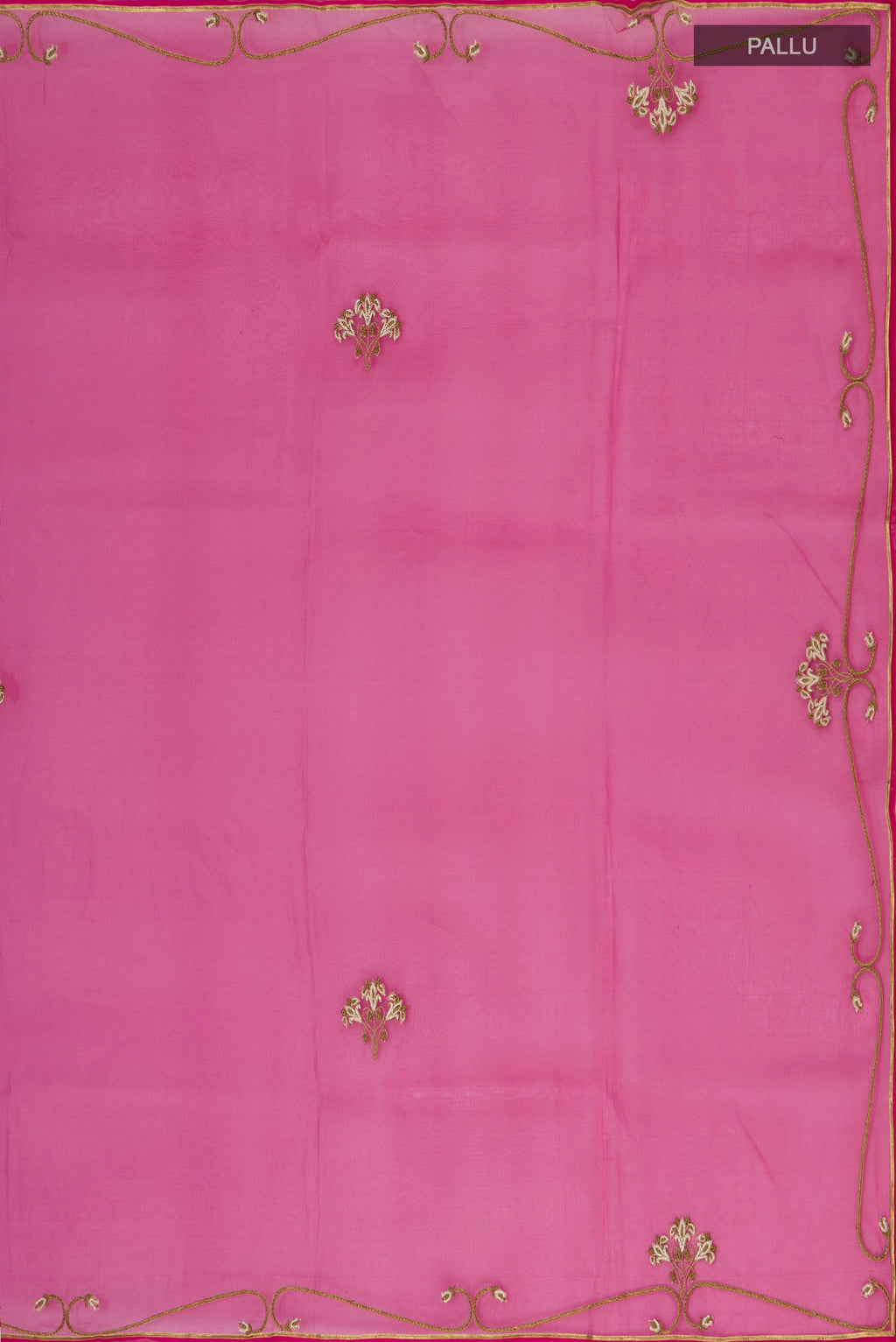Close up image of the pallu of Pink Organza Silk Saree with Embroidery on the body and Embroidery Border