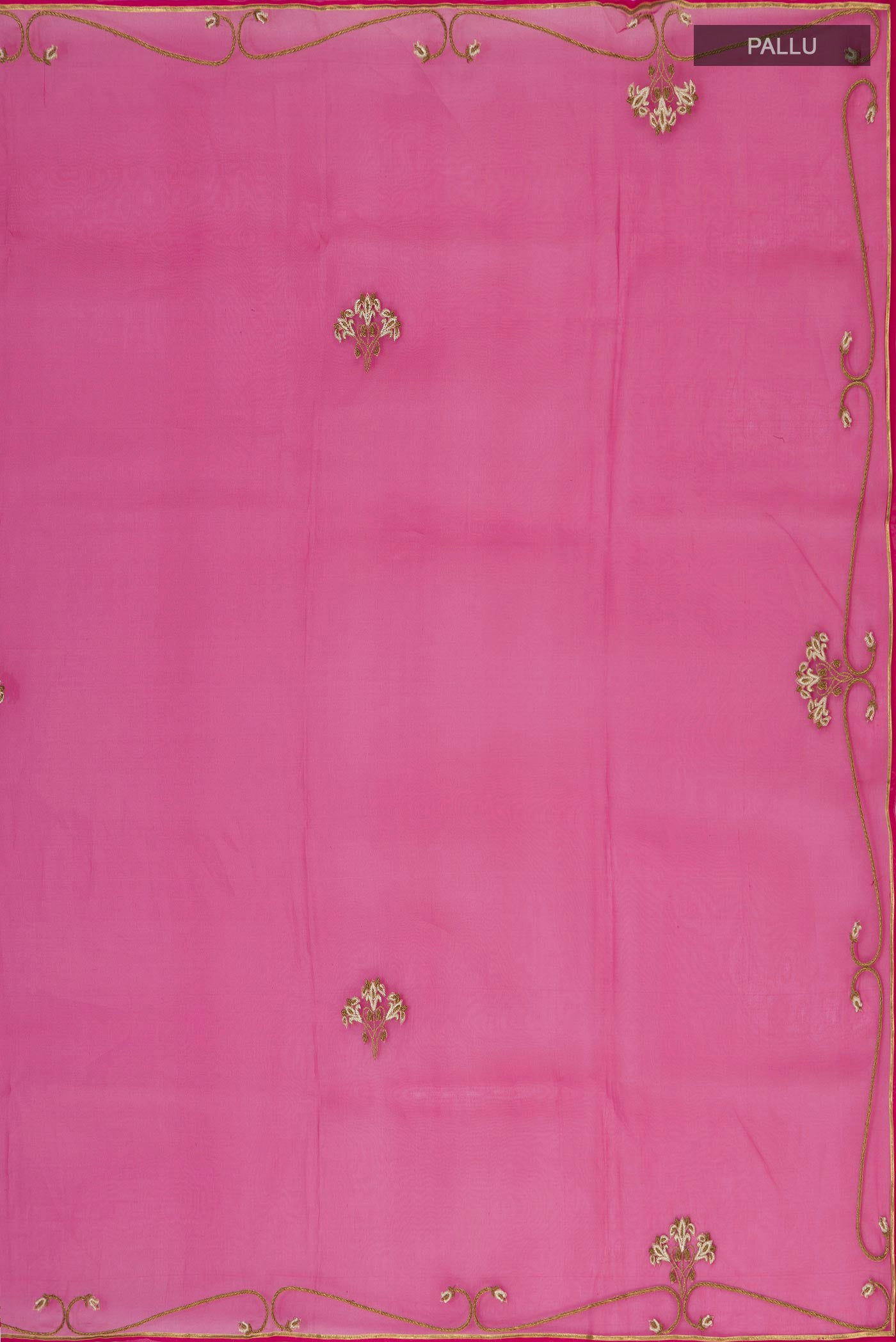 Close up image of the pallu of Pink Organza Silk Saree with Embroidery on the body and Embroidery Border