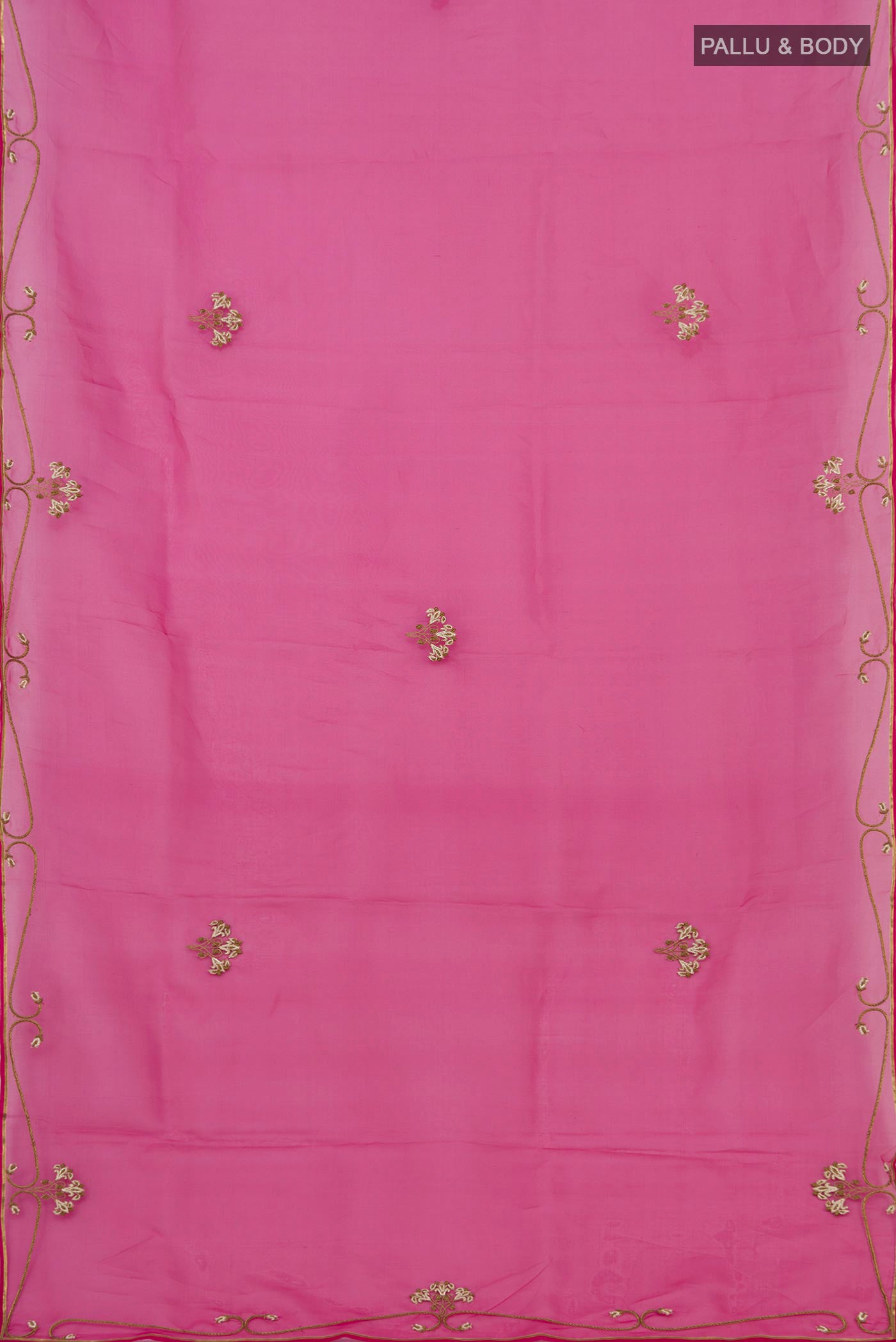 Flat view of Pink Organza Silk Saree with Embroidery on the body and Embroidery Border