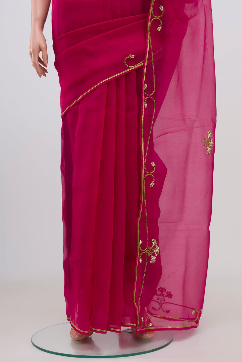 Pleats and pallu of Pink Organza Silk Saree with Embroidery on the body and Embroidery Border