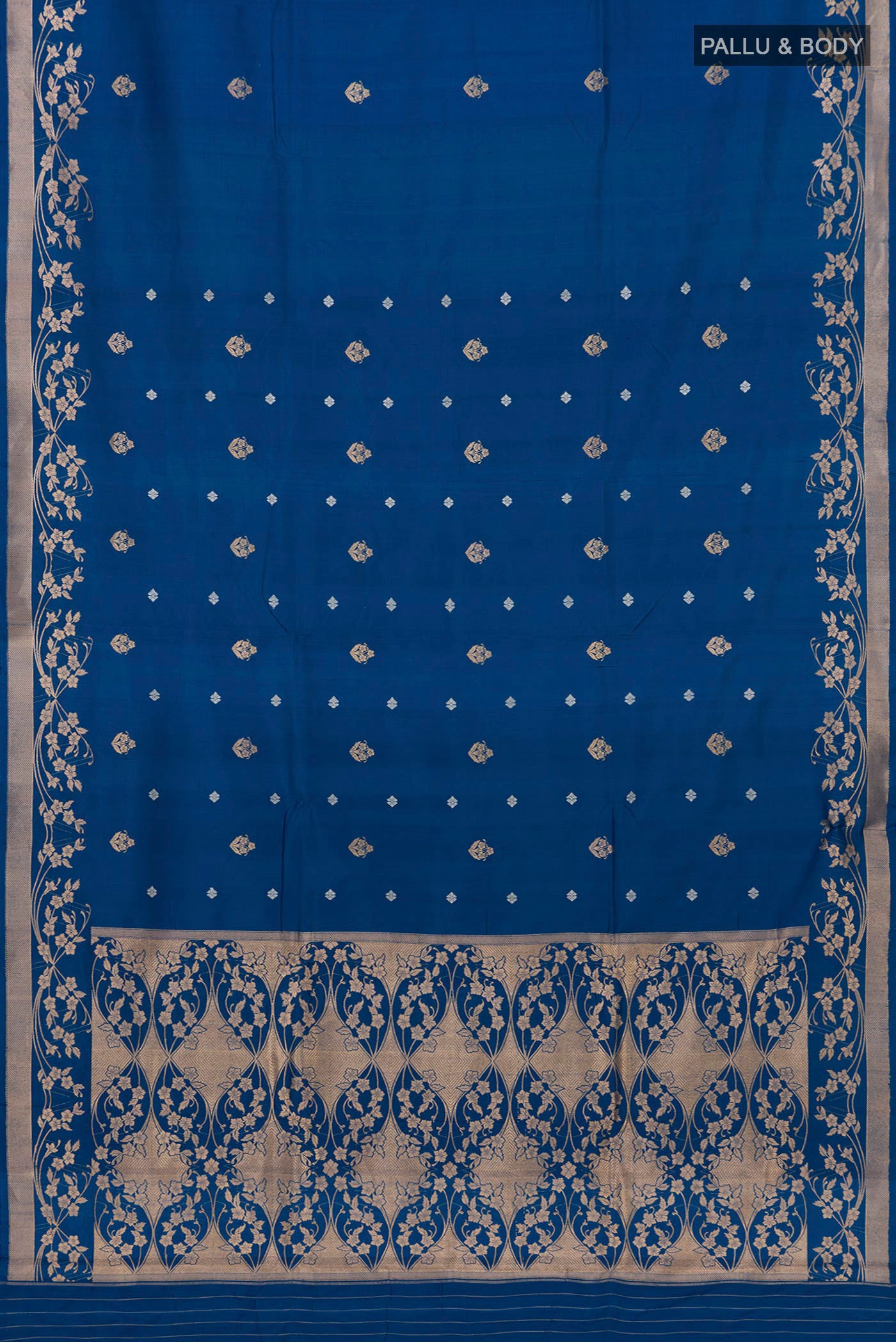 Flat view of Blue Banarasi Katan Silk Saree with Zari Butta on the body and Zari Border