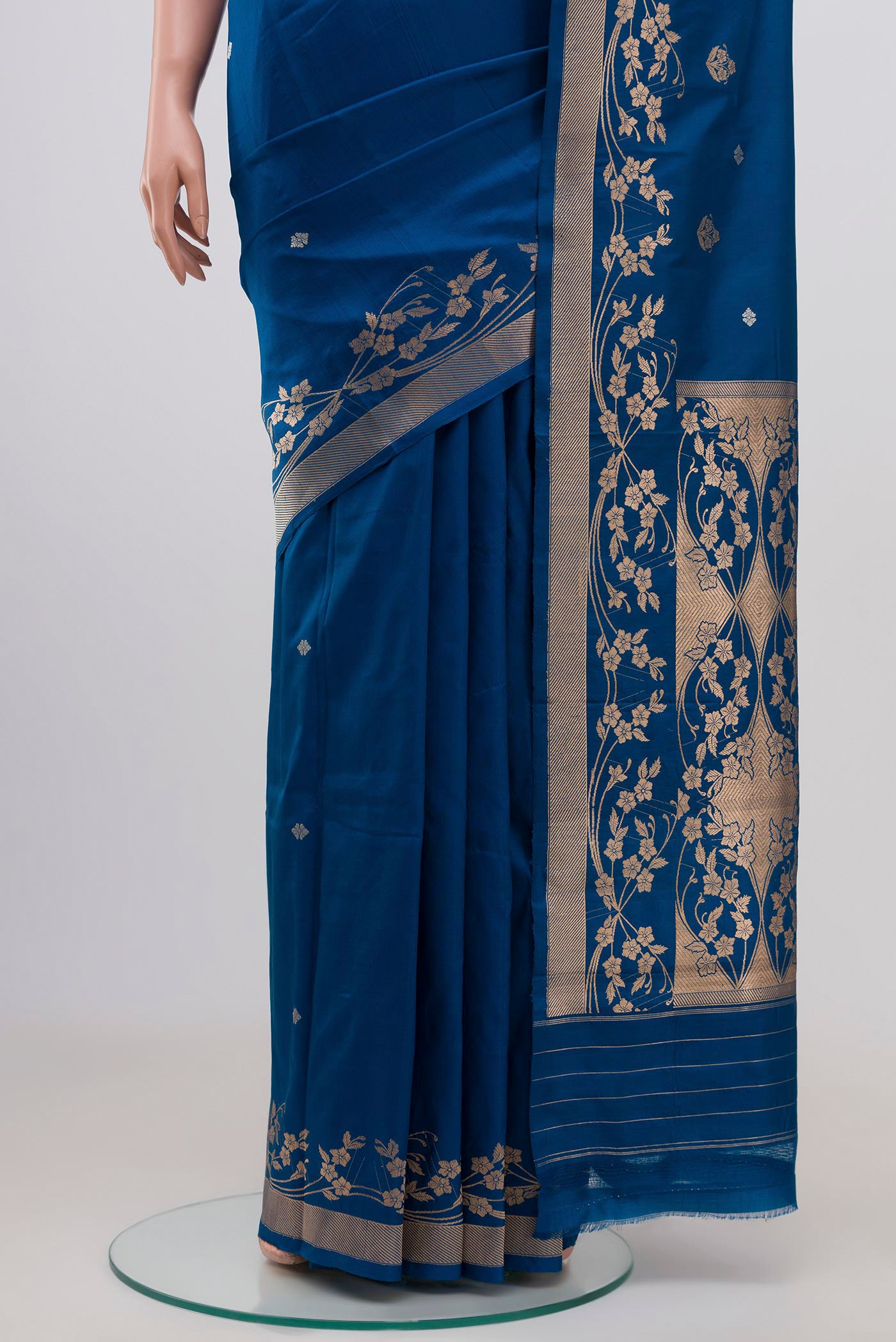 Pleats and pallu of Blue Banarasi Katan Silk Saree with Zari Butta on the body and Zari Border