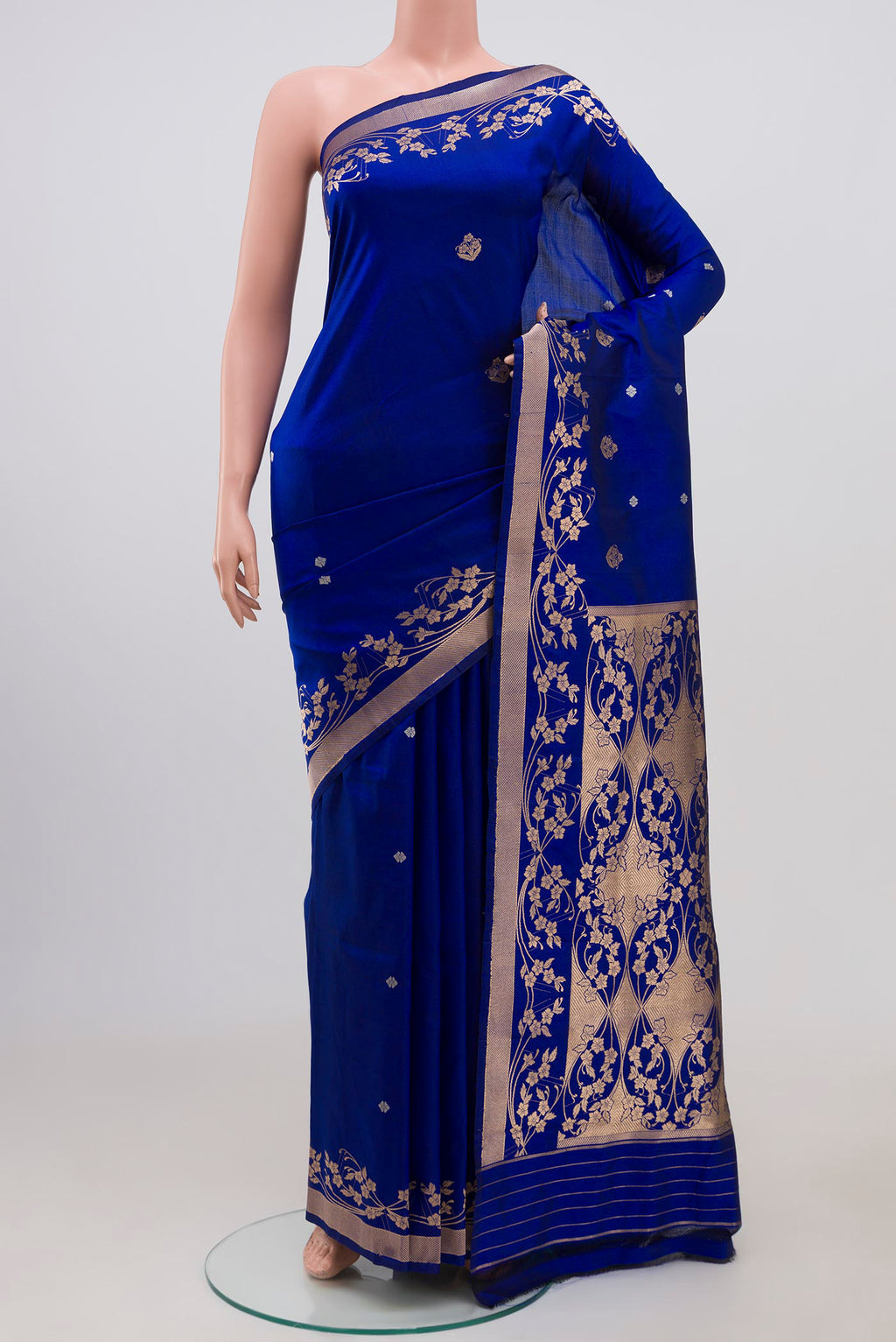 Royal Blue Banarasi Katan Silk Saree with Zari Butta on the body and Zari Border displayed on a mannequin