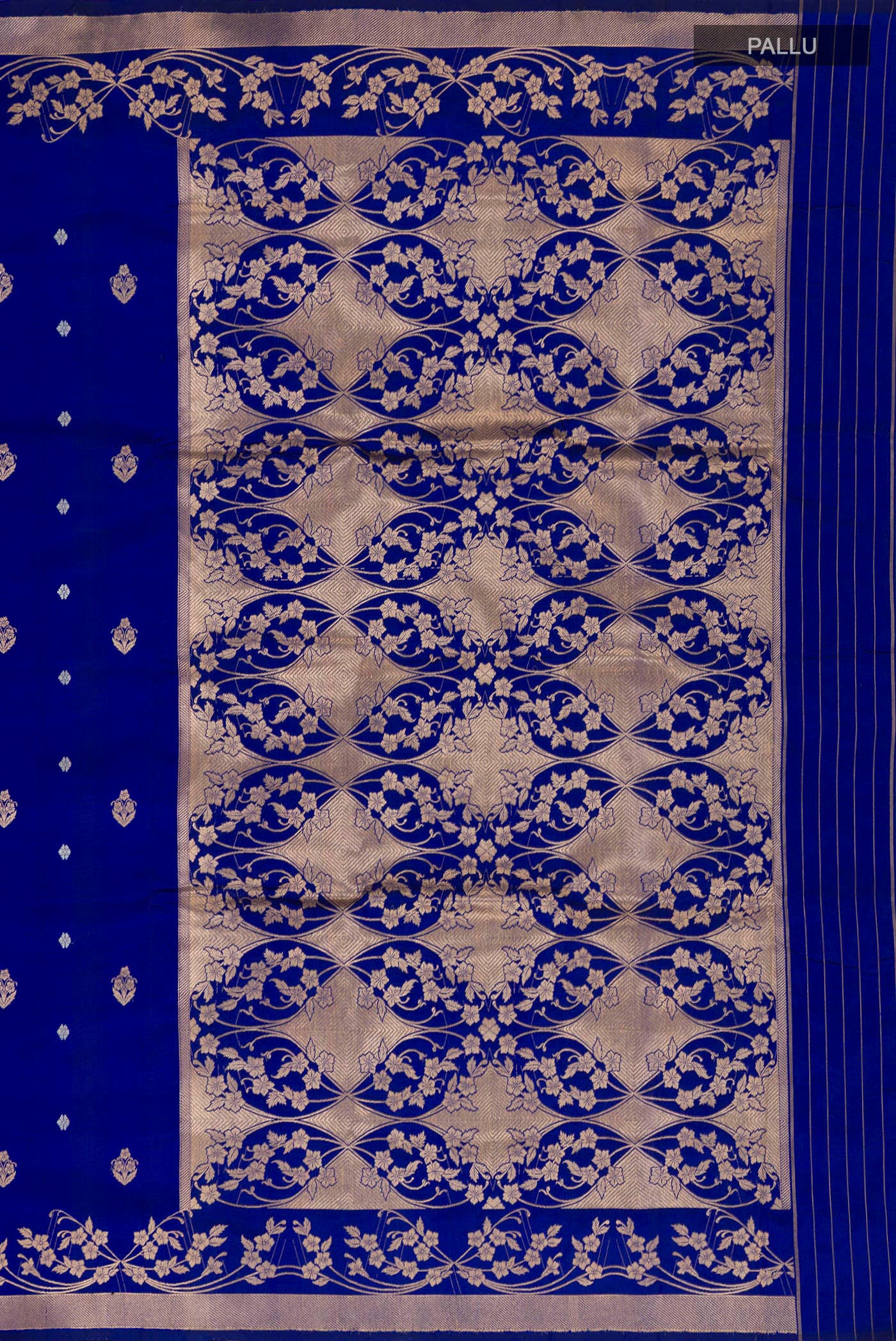 Close up image of the pallu of Royal Blue Banarasi Katan Silk Saree with Zari Butta on the body and Zari Border