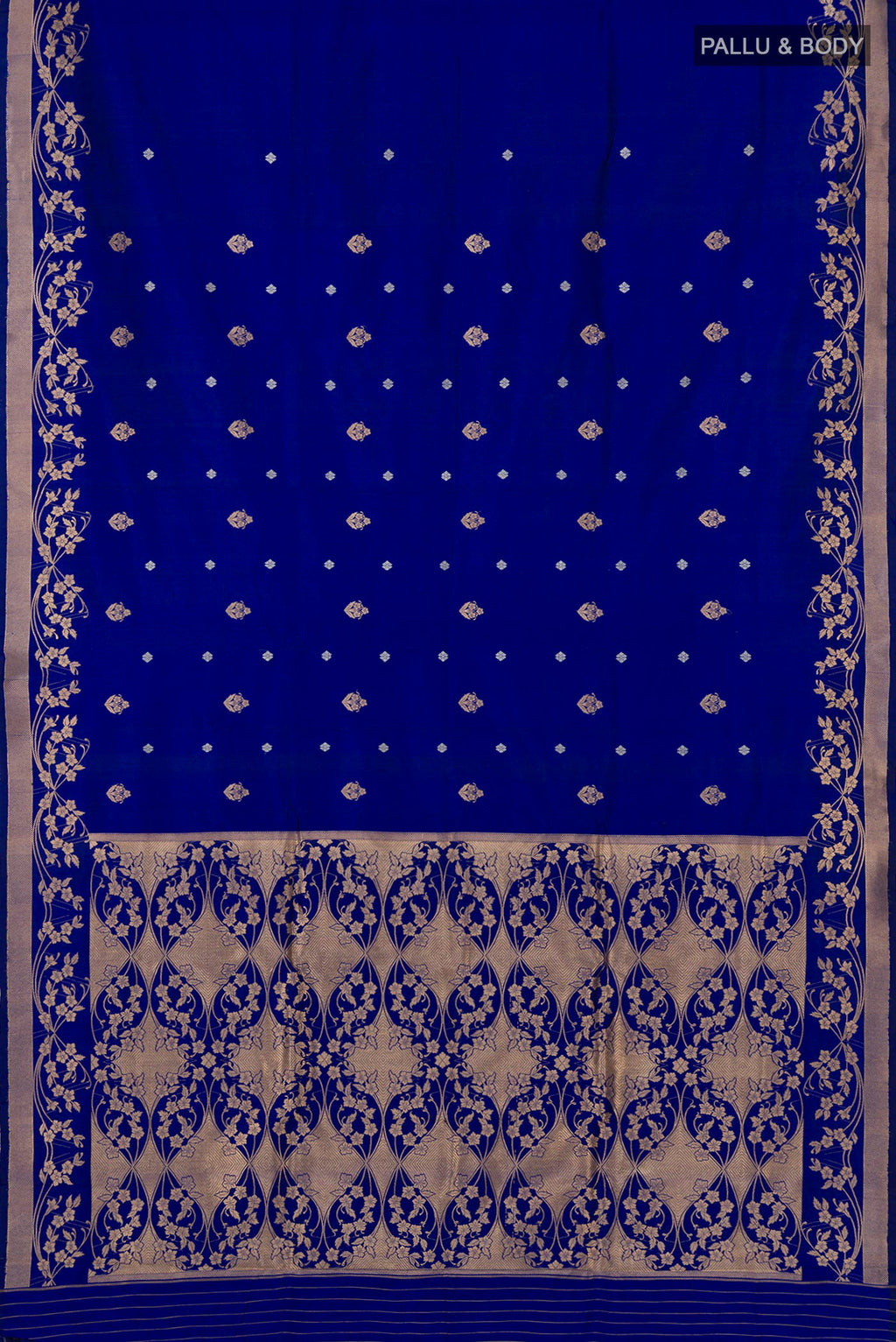 Flat view of Royal Blue Banarasi Katan Silk Saree with Zari Butta on the body and Zari Border