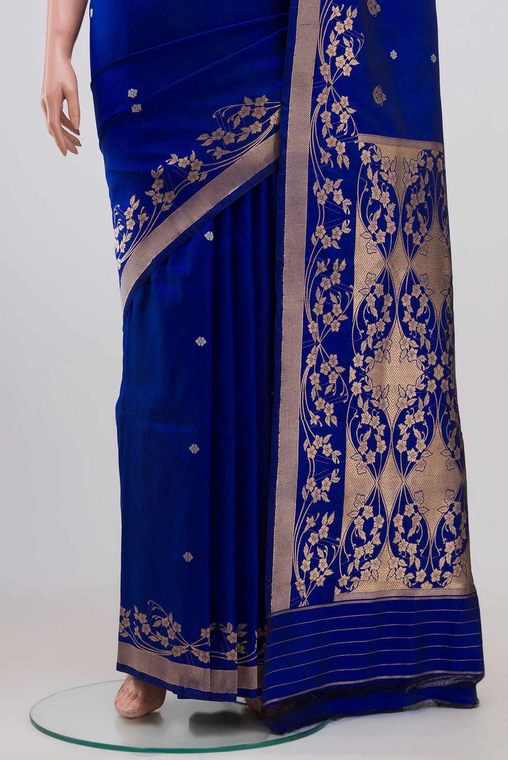Pleats and pallu of Royal Blue Banarasi Katan Silk Saree with Zari Butta on the body and Zari Border