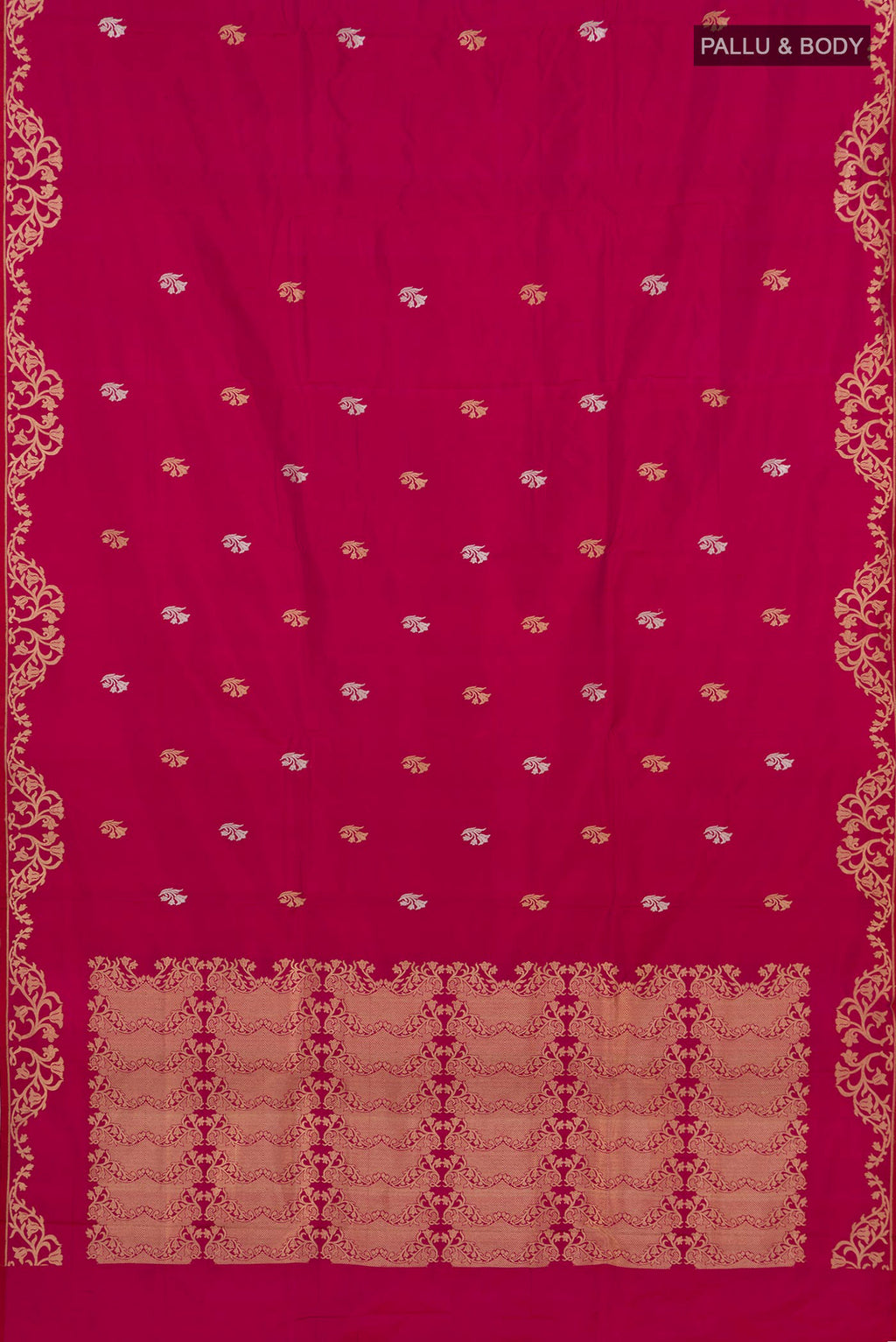 Flat view of Magenta Banarasi Katan Silk Saree with Zari Butta on the body and Zari Border