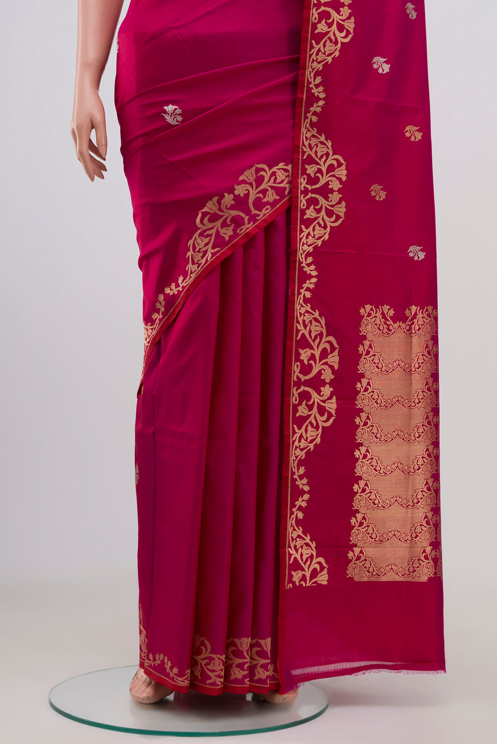 Pleats and pallu of Magenta Banarasi Katan Silk Saree with Zari Butta on the body and Zari Border