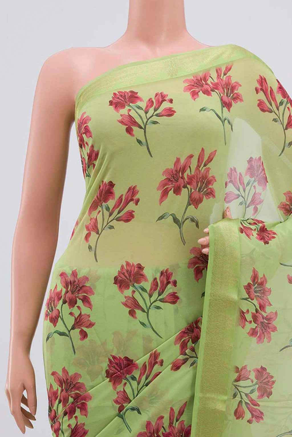 Border image of Light Green Mysore Chiffon Saree with Printed design on the body and Zari Border