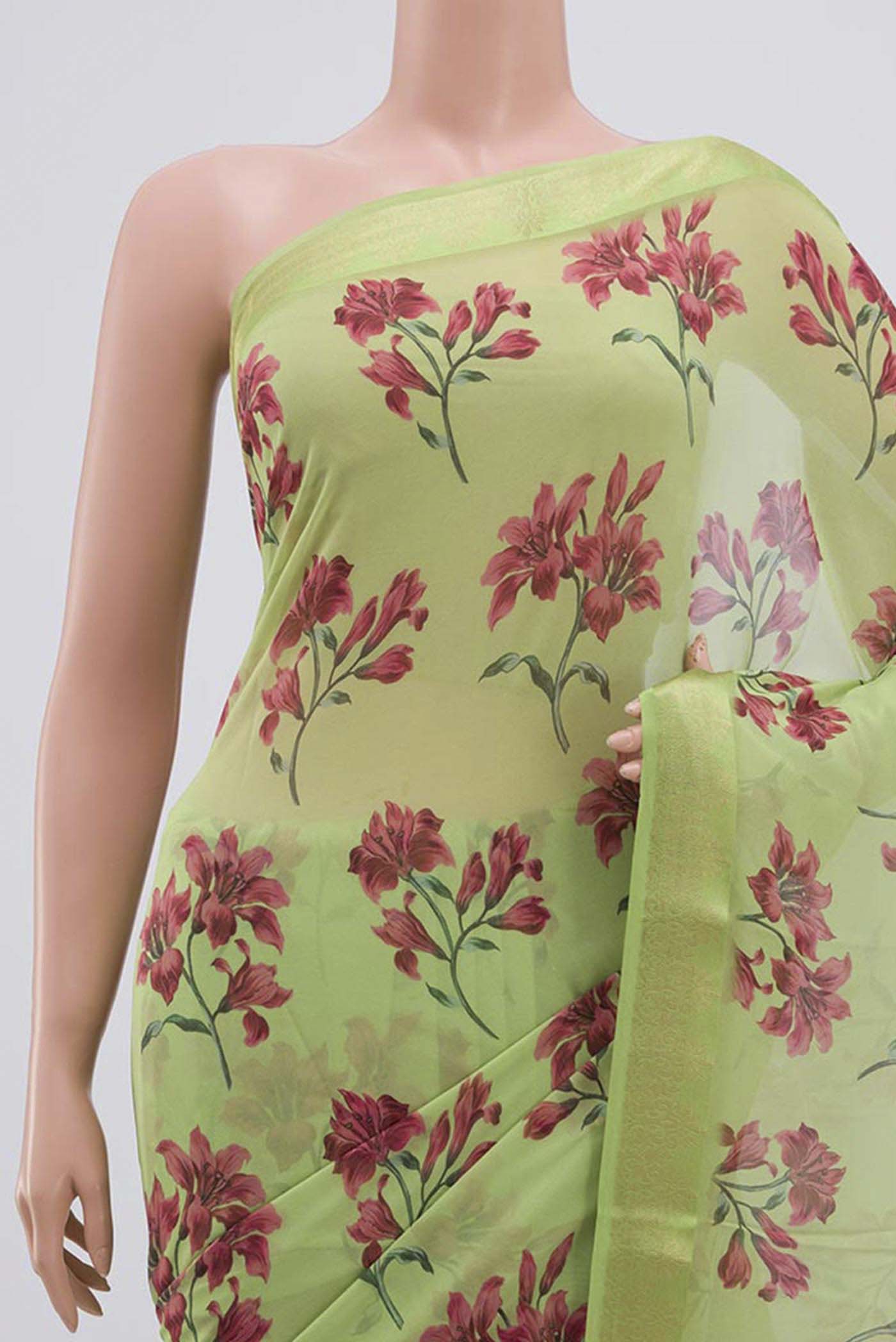 Border image of Light Green Mysore Chiffon Saree with Printed design on the body and Zari Border