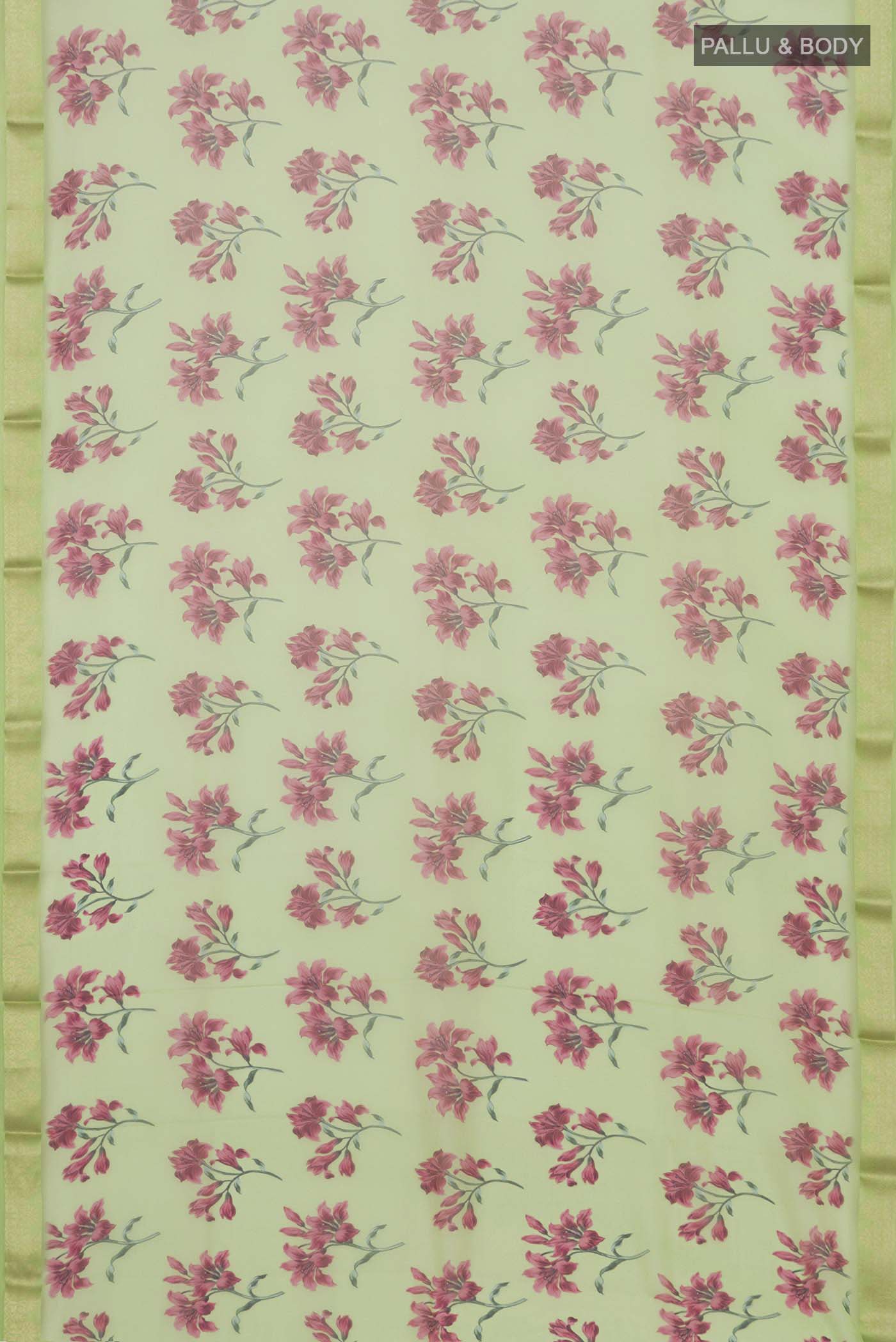 Flat view of Light Green Mysore Chiffon Saree with Printed design on the body and Zari Border