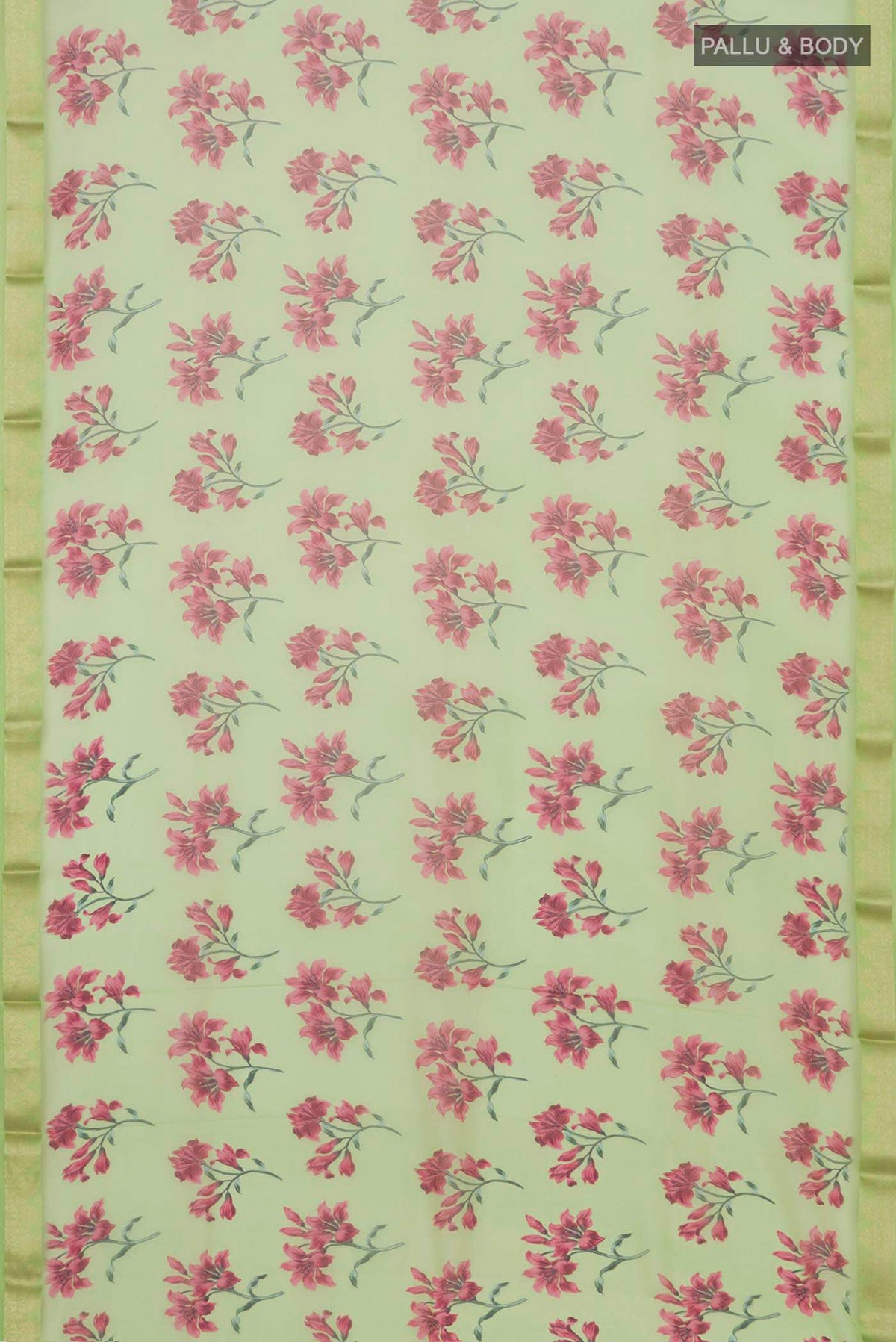Flat view of Light Green Mysore Chiffon Saree with Printed design on the body and Zari Border