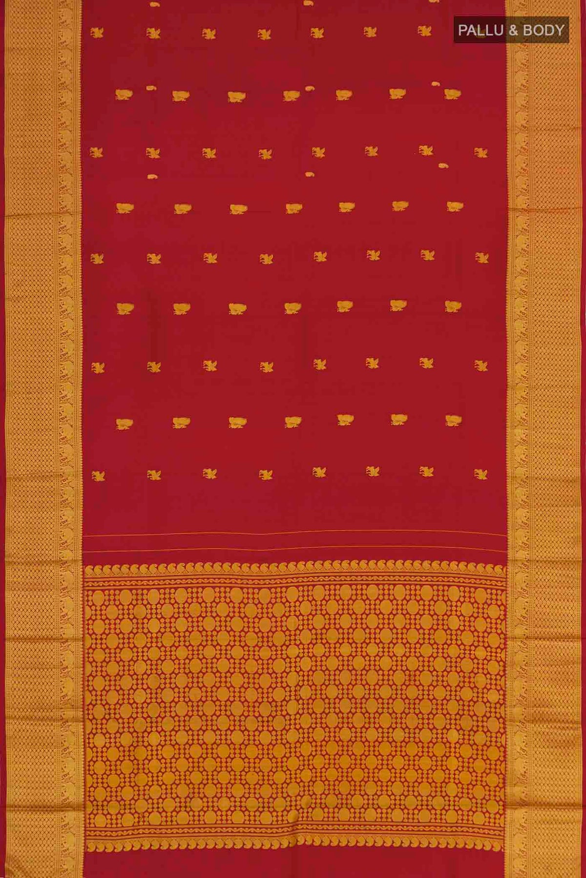 Flat view of Maroon Kanchipuram Silk Saree with Thread Butta on the body and Thread Border