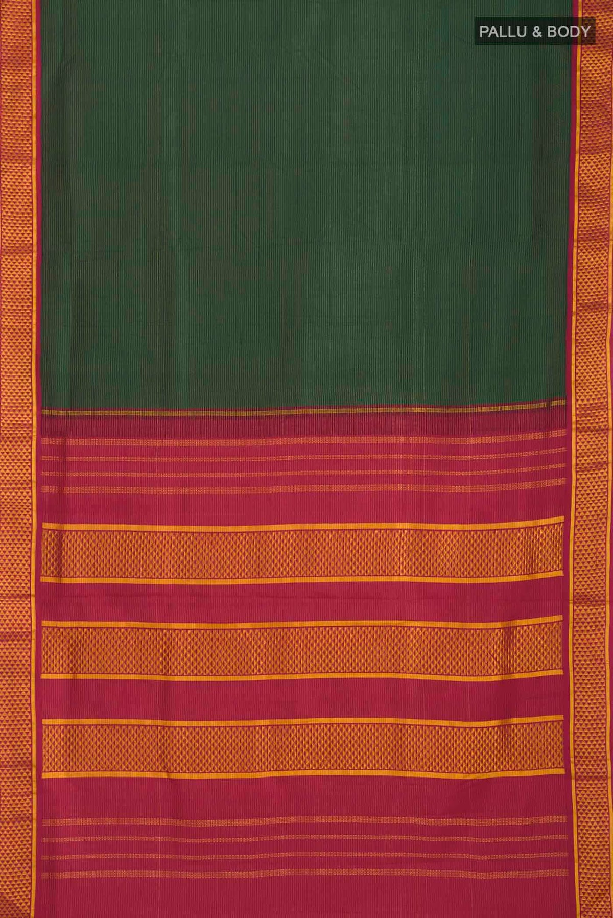 Flat view of Pure Silk Pure Zari Green Kanchipuram Nine Yards Saree with Stripes on the body and Zari Border