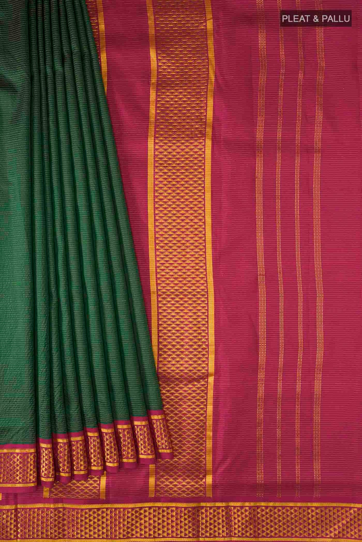 Pleats and pallu of Pure Silk Pure Zari Green Kanchipuram Nine Yards Saree with Stripes on the body and Zari Border