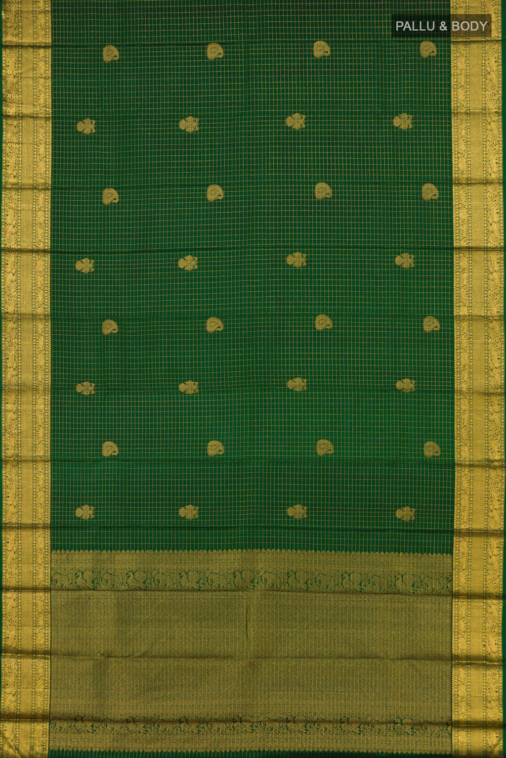 Flat view of Green Kanjivaram Saree with Checked design on the body and Zari Border. 