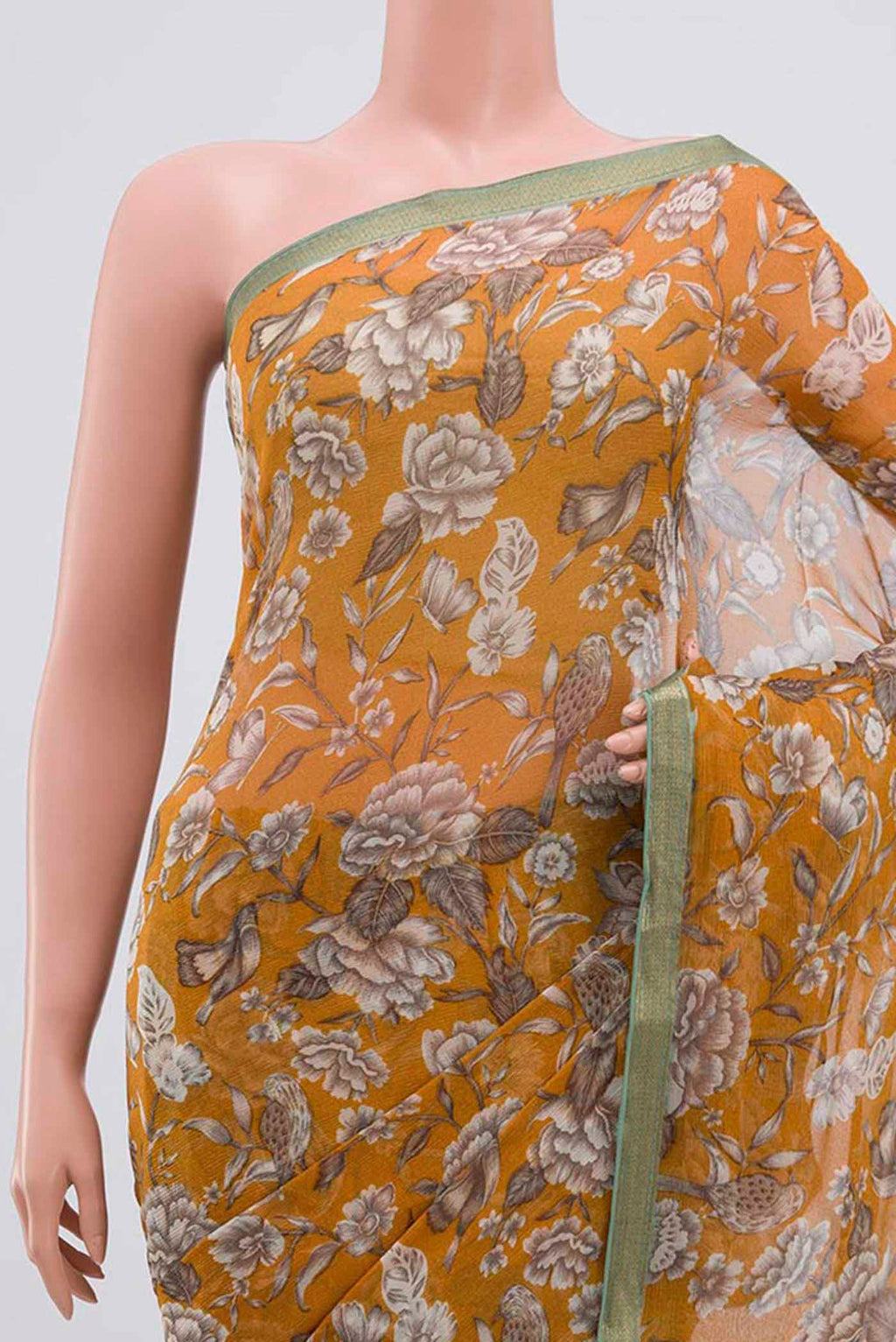 Border image of Mustard Mysore Chiffon Saree with Printed design on the body and Zari Border