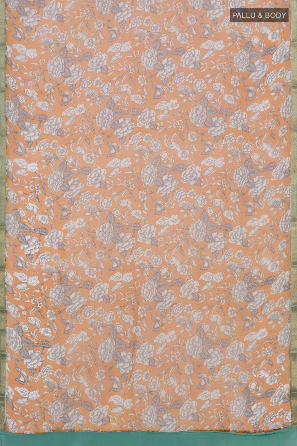 Flat view of Mustard Mysore Chiffon Saree with Printed design on the body and Zari Border