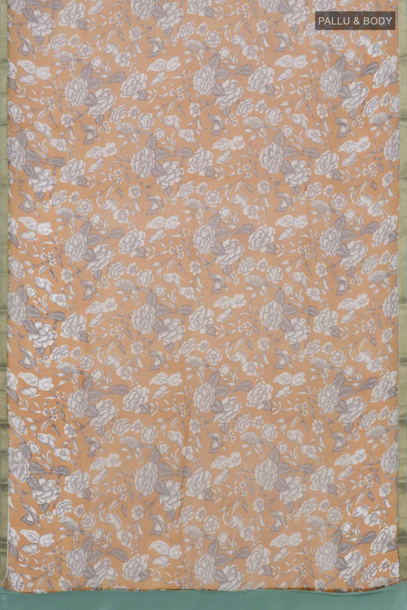 Flat view of Mustard Mysore Chiffon Saree with Printed design on the body and Zari Border