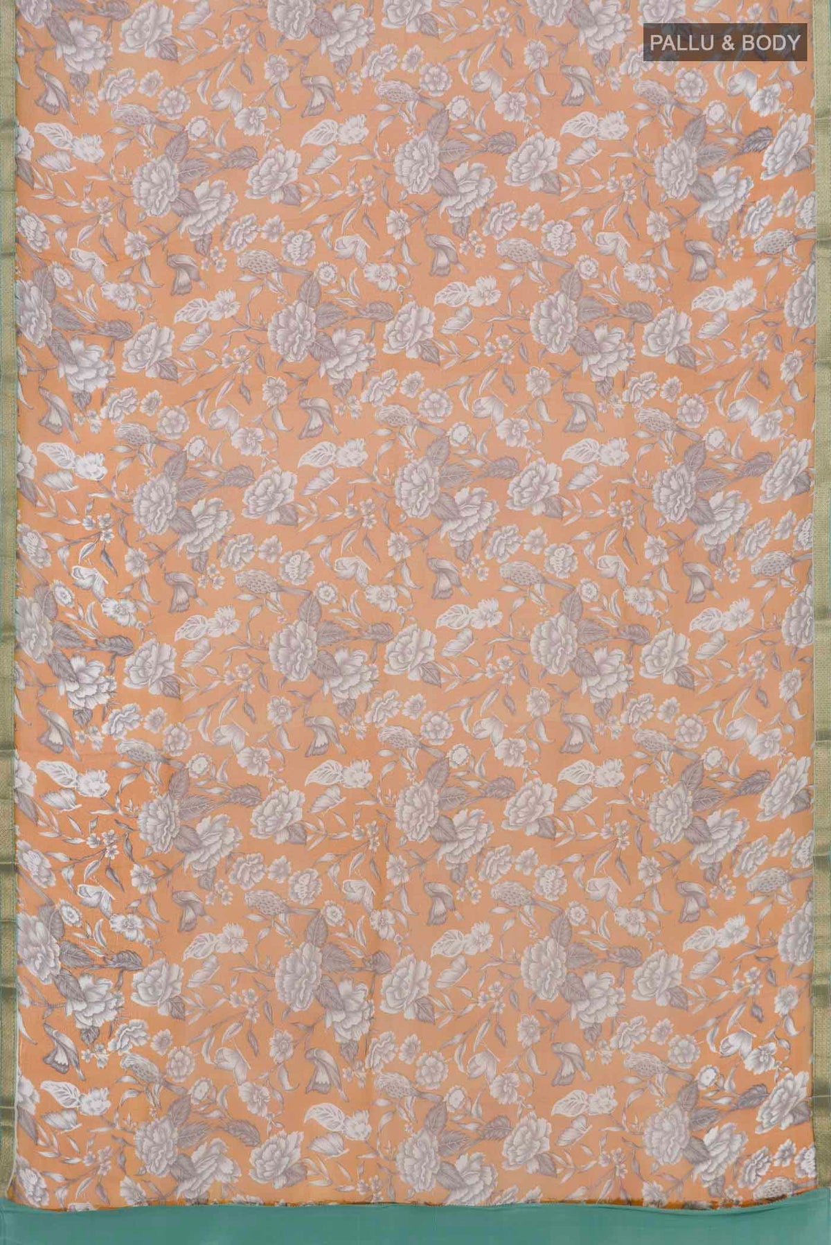 Flat view of Mustard Mysore Chiffon Saree with Printed design on the body and Zari Border