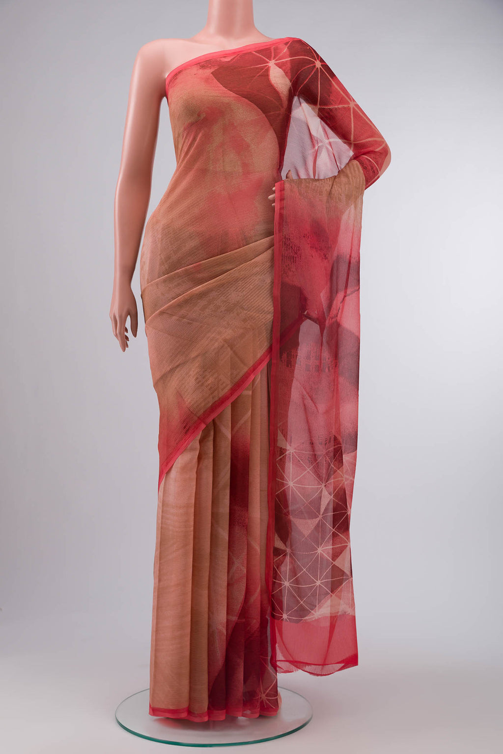 Coral Mysore Chiffon Saree with Geometric Print on the body and Without Border displayed on a mannequin