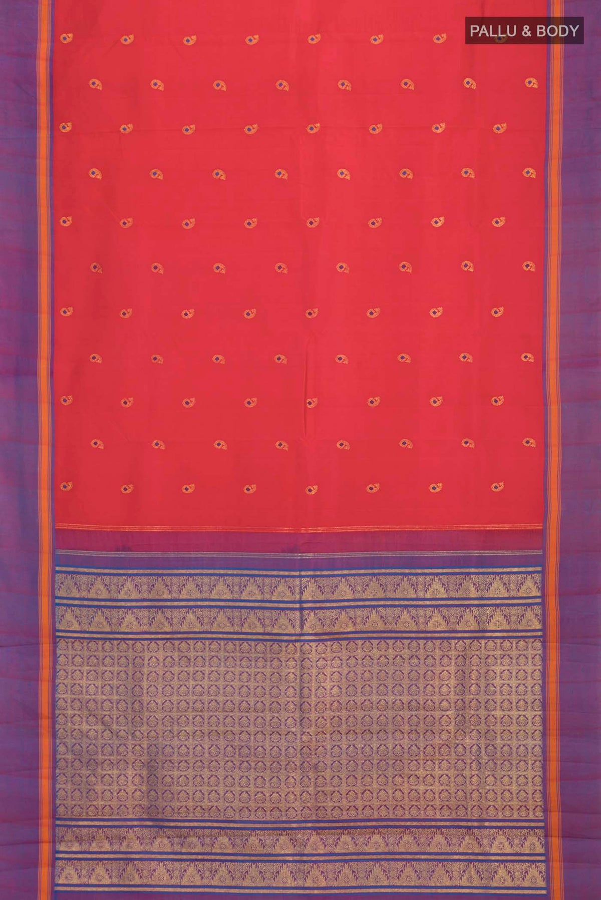 Flat view of Red Kanchipuram Silk Saree with Zari Butta on the body and Plain Border
