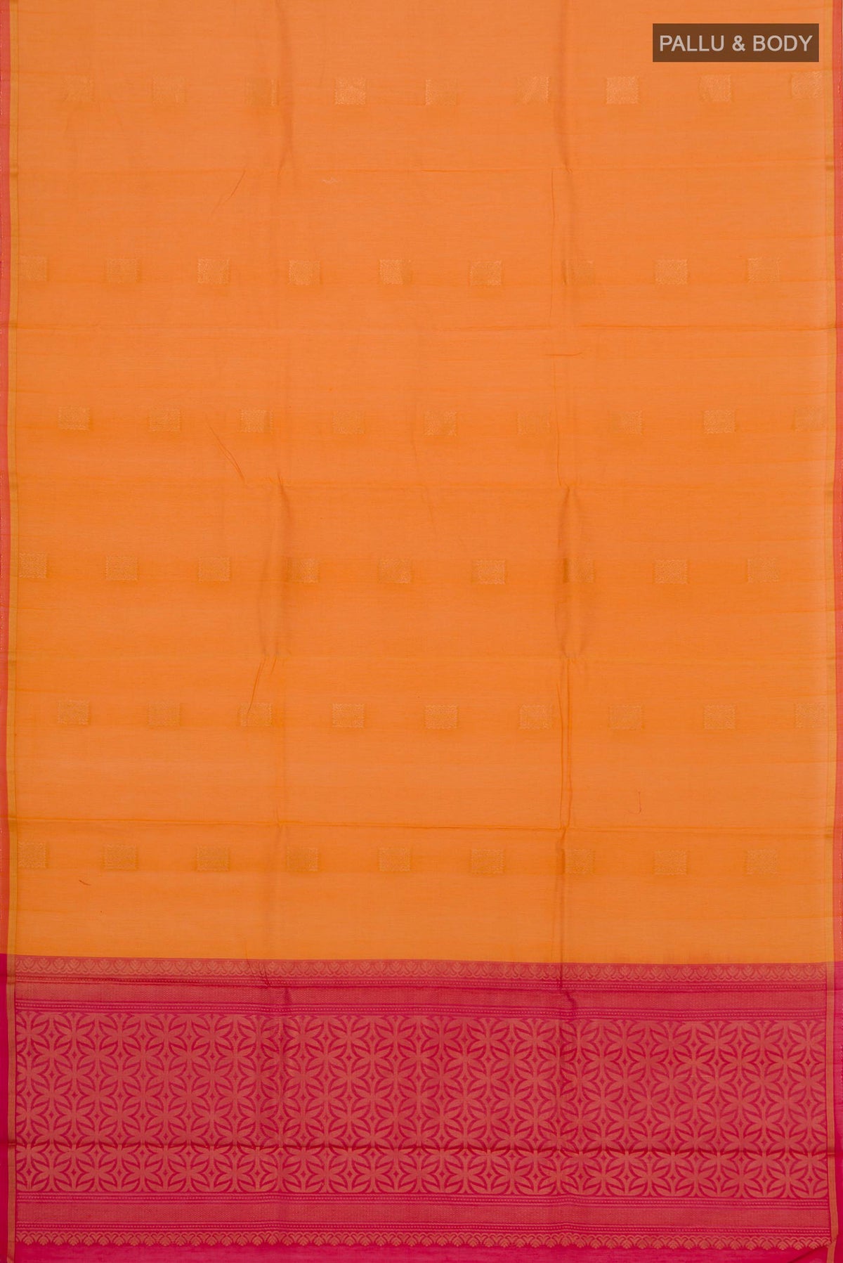 Flat view of Orange Coimbatore Silk Cotton Saree with Zari Butta on the body and Zari Border. 