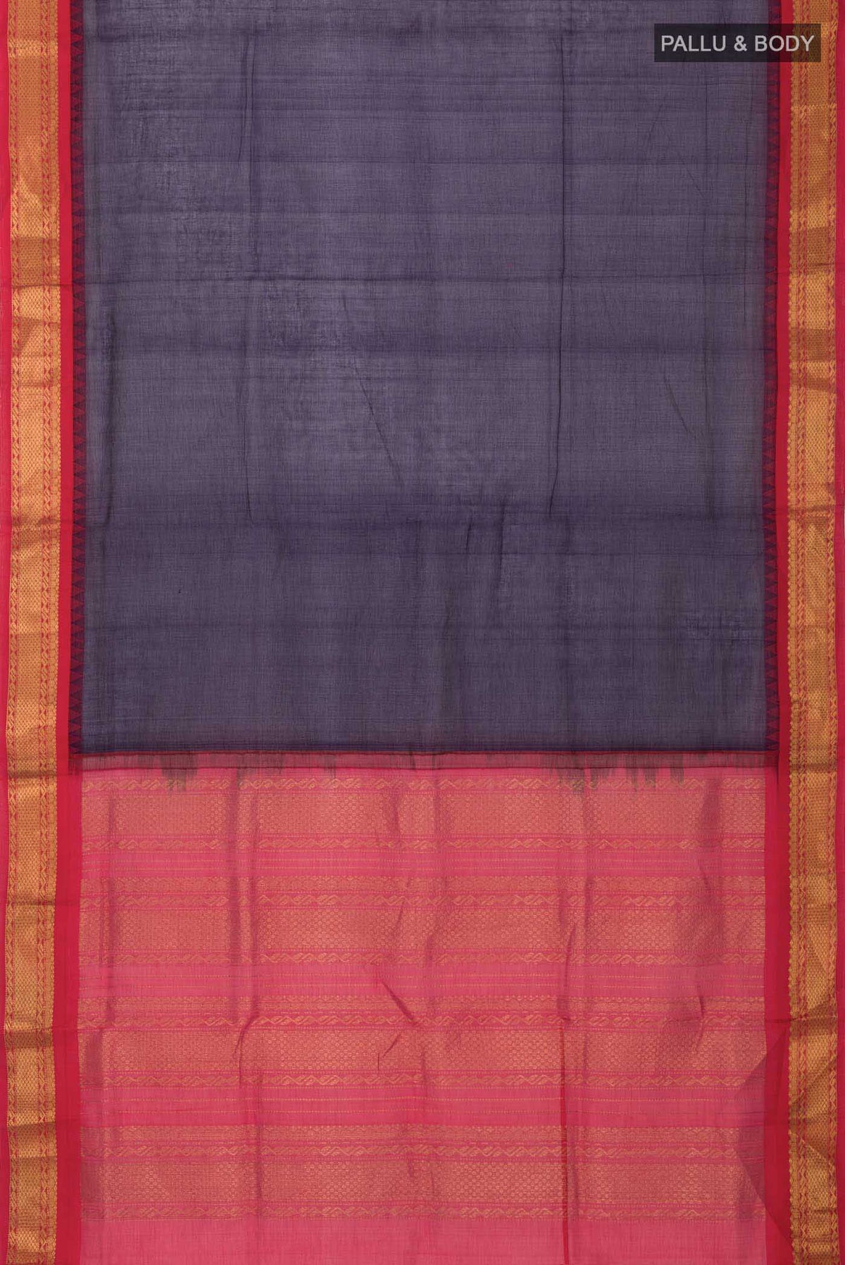 Flat view of Navy Blue Silk Cotton Saree with Plain Body and Zari Border