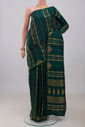 Pure Silk Pure Zari Bottle Green Kanjivaram Saree with Stripes on the body and Without Border.  displayed on a mannequin
