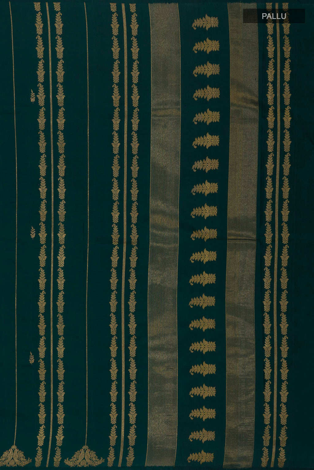 Close up image of the pallu of Pure Silk Pure Zari Bottle Green Kanjivaram Saree with Stripes on the body and Without Border. 