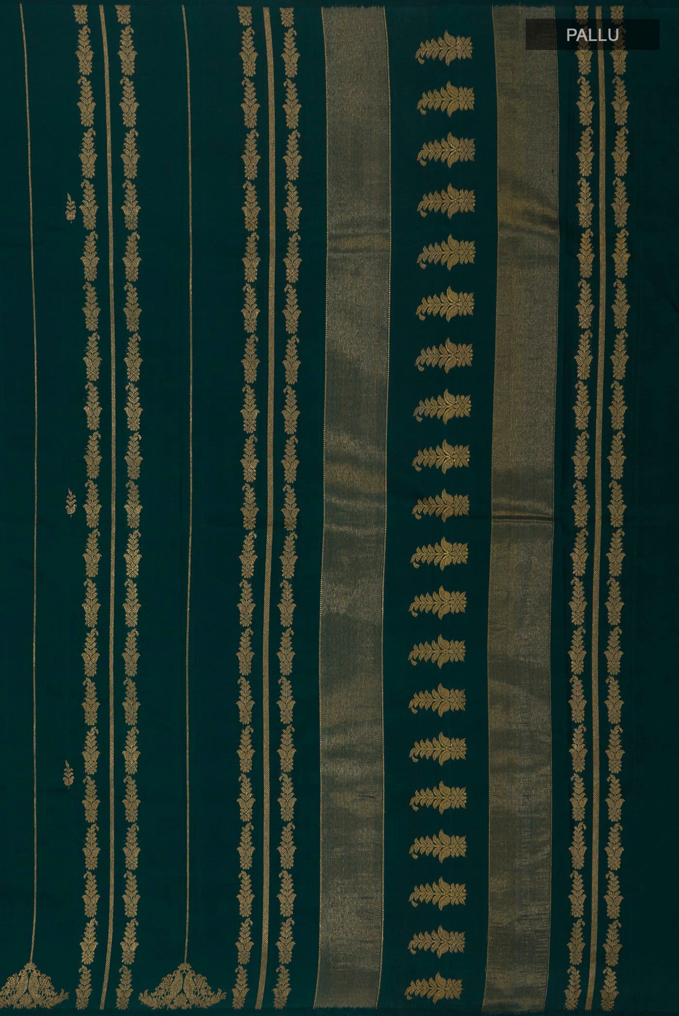 Close up image of the pallu of Pure Silk Pure Zari Bottle Green Kanjivaram Saree with Stripes on the body and Without Border. 
