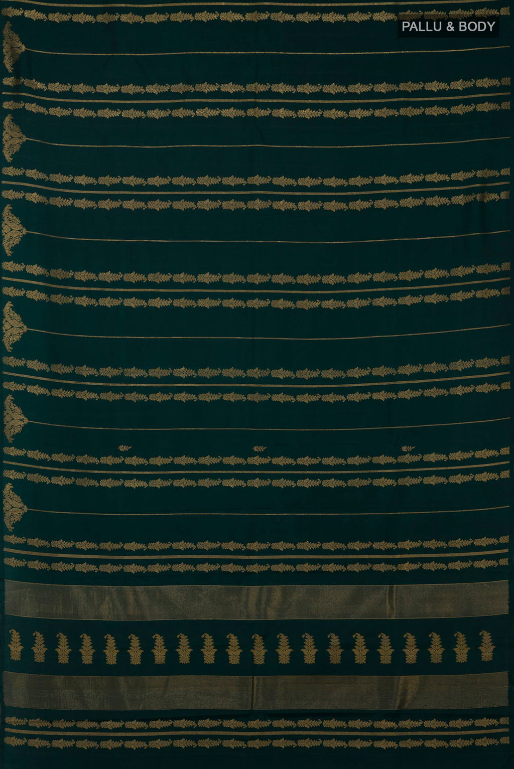 Flat view of Pure Silk Pure Zari Bottle Green Kanjivaram Saree with Stripes on the body and Without Border. 