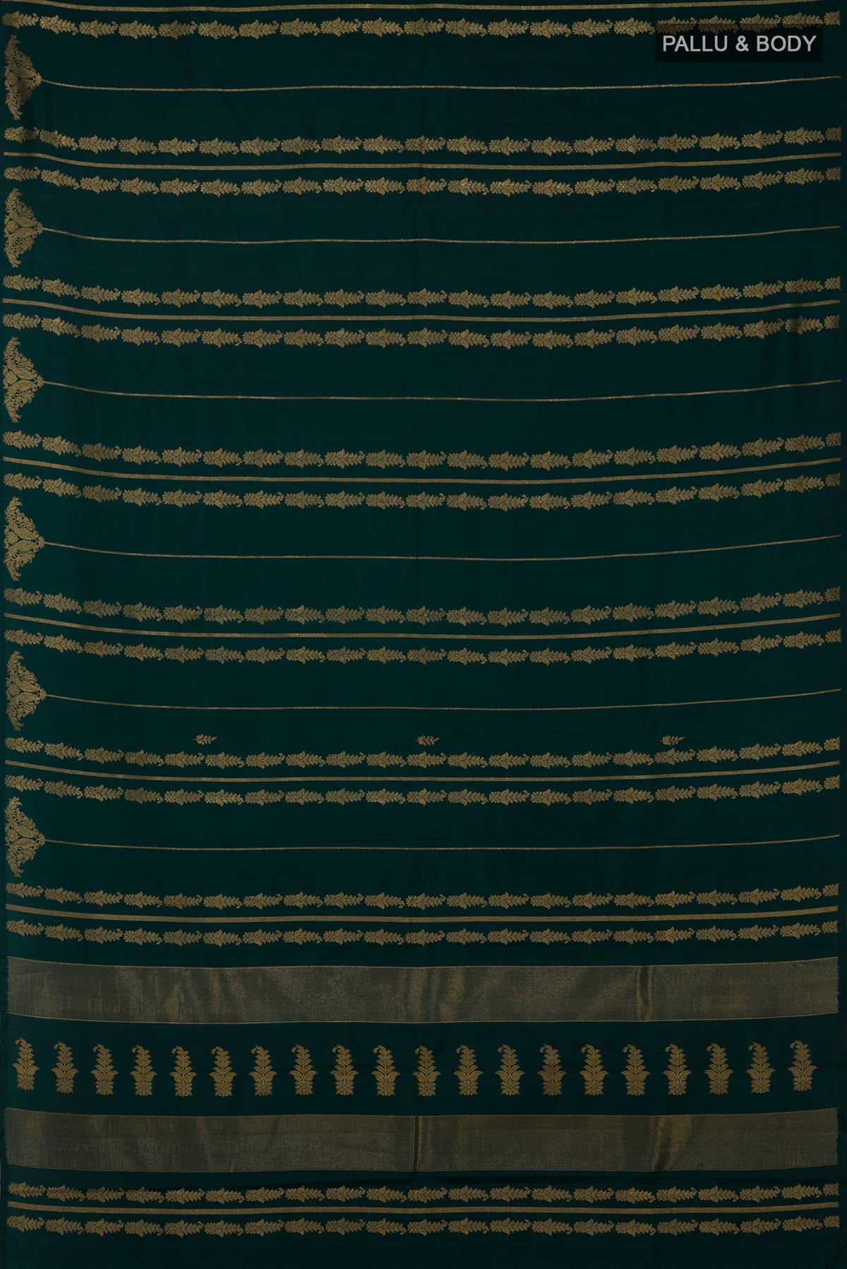 Flat view of Pure Silk Pure Zari Bottle Green Kanjivaram Saree with Stripes on the body and Without Border. 