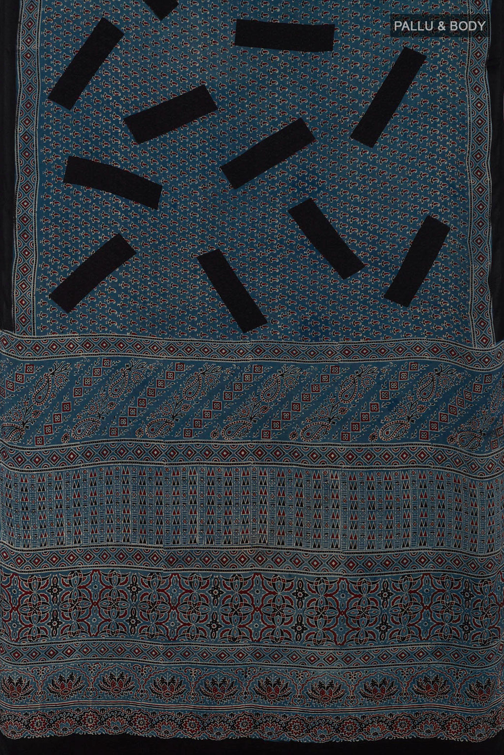 Flat view of Blue Blended Satin Silk Saree with Ajrakh Print on the body and Printed Border. 