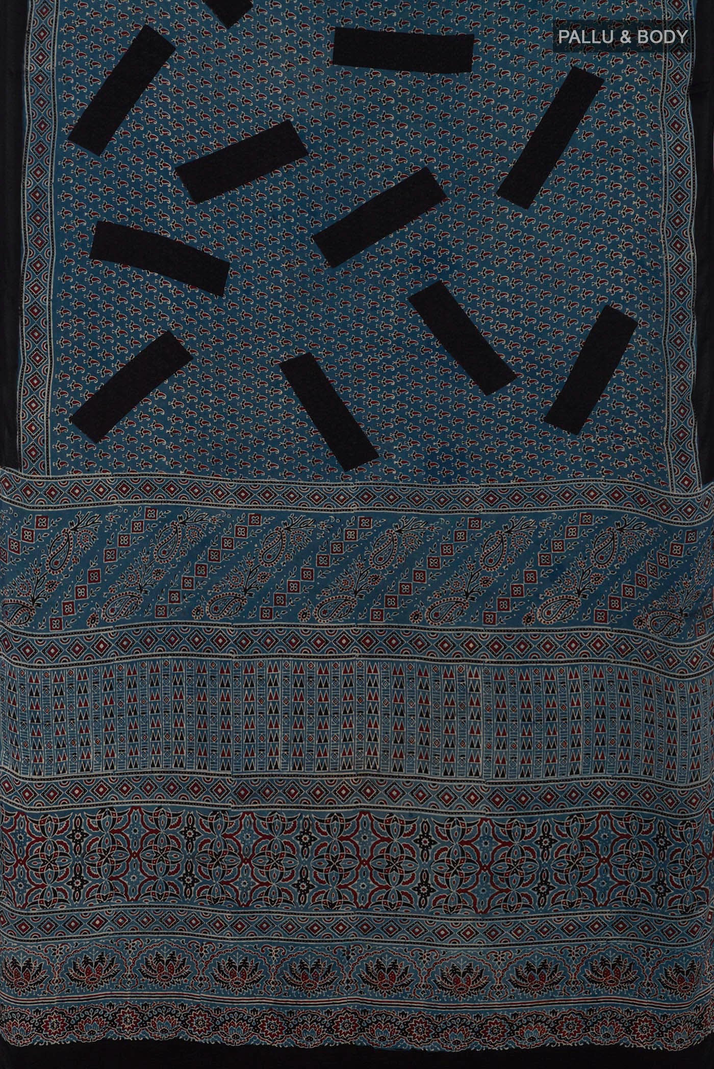 Flat view of Blue Blended Satin Silk Saree with Ajrakh Print on the body and Printed Border. 