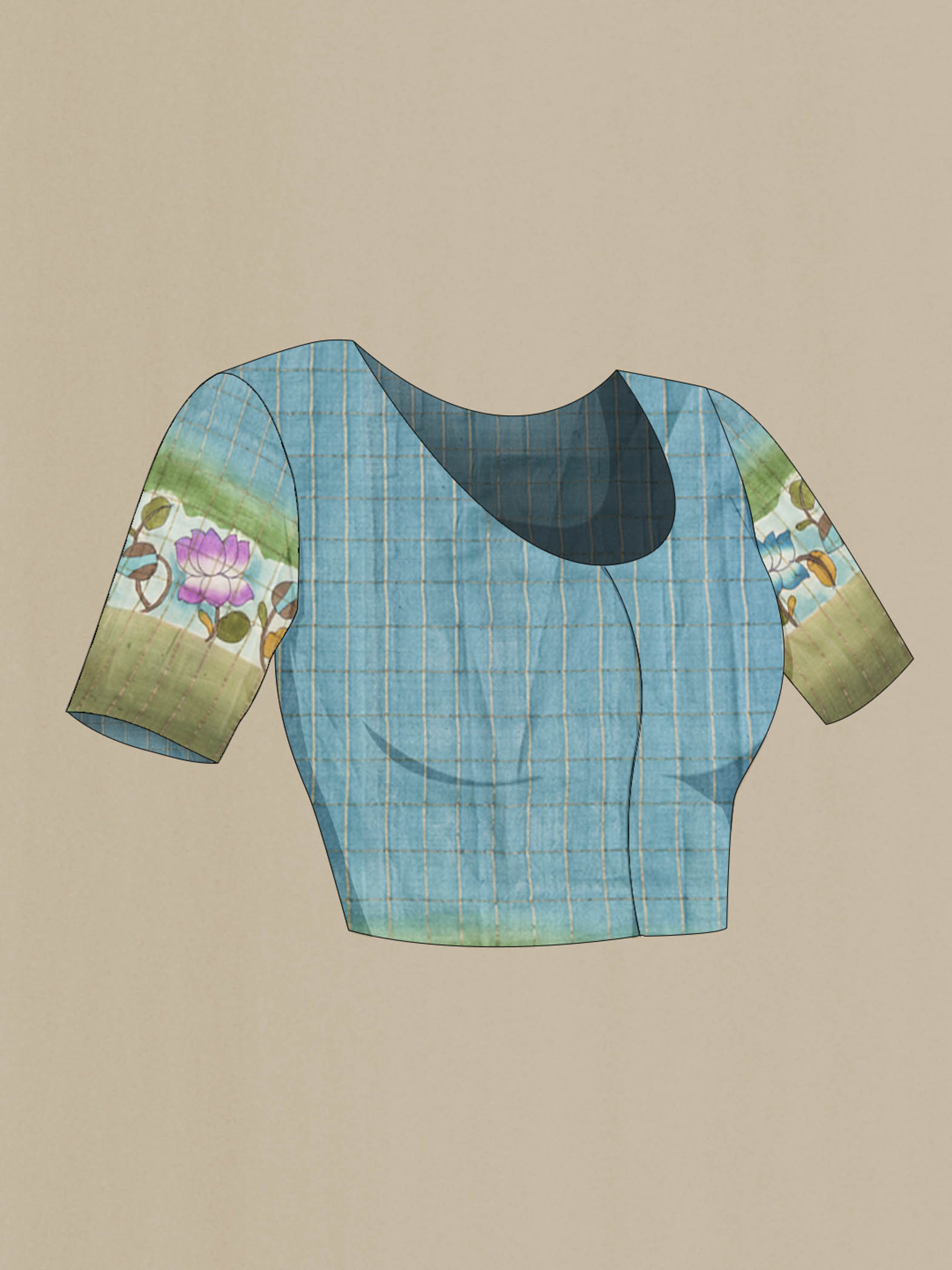 Close up image of the blouse of Blue Tussar Silk Saree with Printed design on the body and Zari Border
