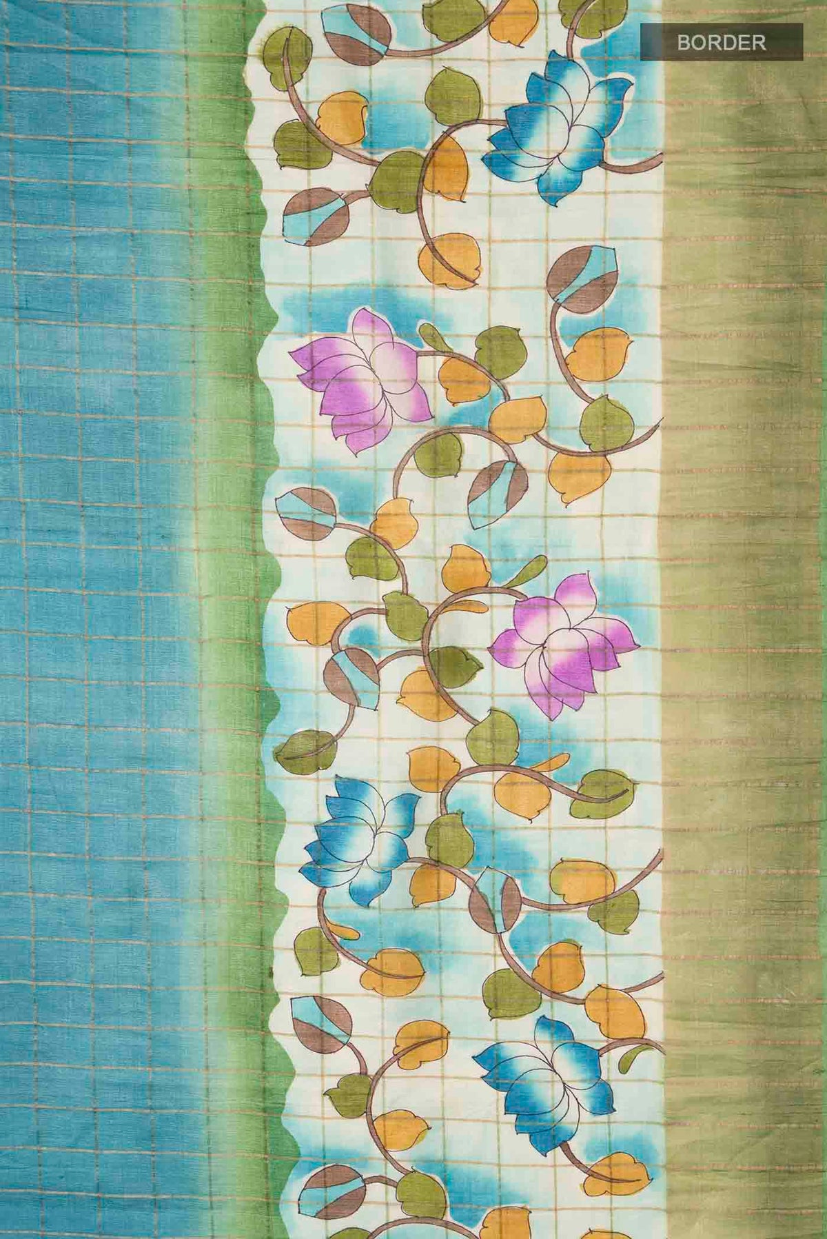 Border image of Blue Tussar Silk Saree with Printed design on the body and Zari Border