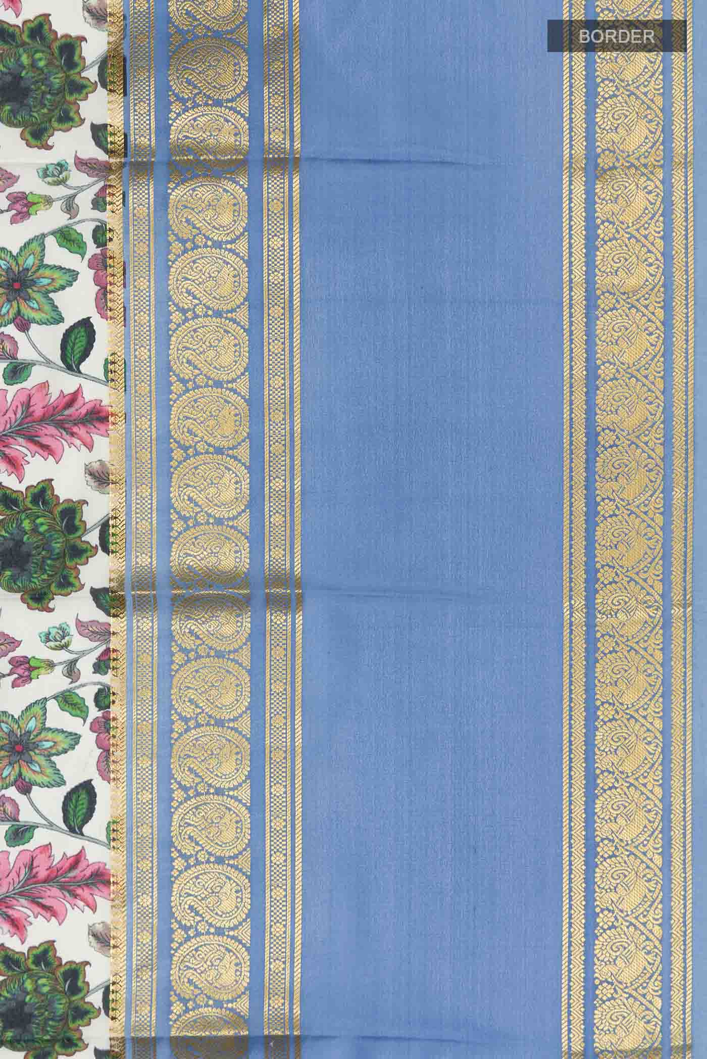 Border image of Green Mysore Crepe Saree with Floral Print on the body and Zari Border