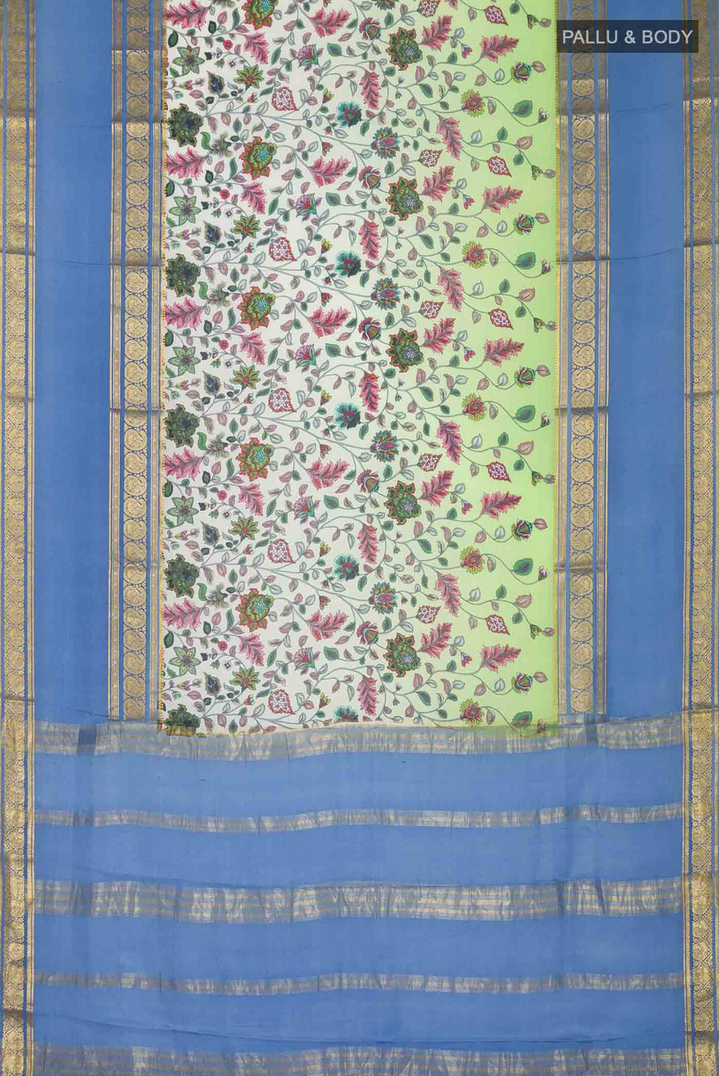 Flat view of Green Mysore Crepe Saree with Floral Print on the body and Zari Border
