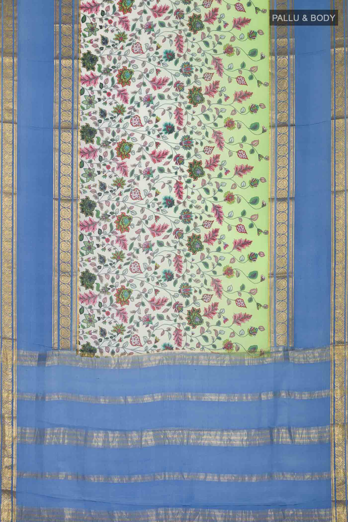 Flat view of Green Mysore Crepe Saree with Floral Print on the body and Zari Border
