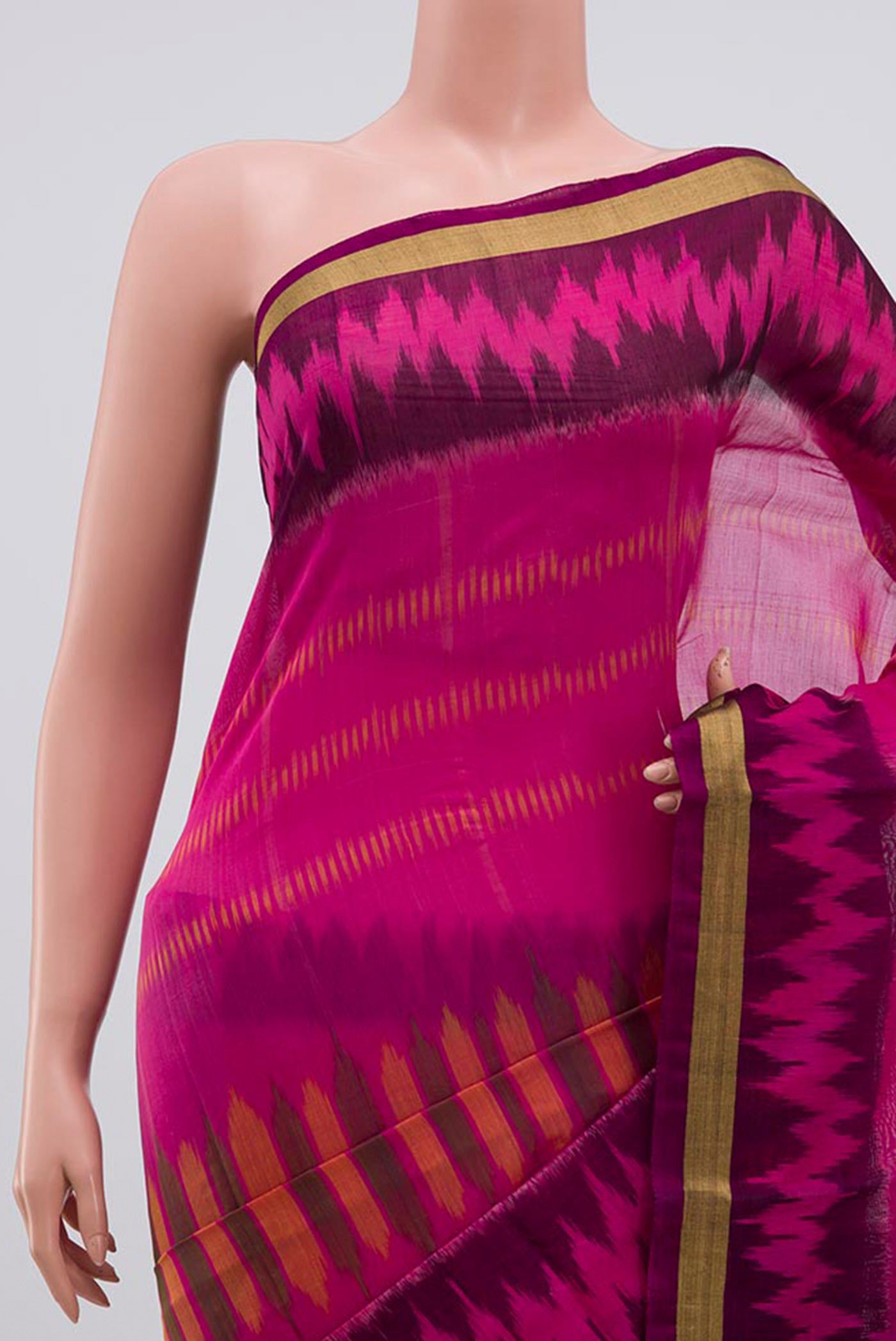 Border image of Pink Coimbatore Silk Cotton Saree with Ikat Print on the body and Zari Border. 