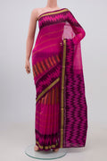 Pink Coimbatore Silk Cotton Saree with Ikat Print on the body and Zari Border.  displayed on a mannequin