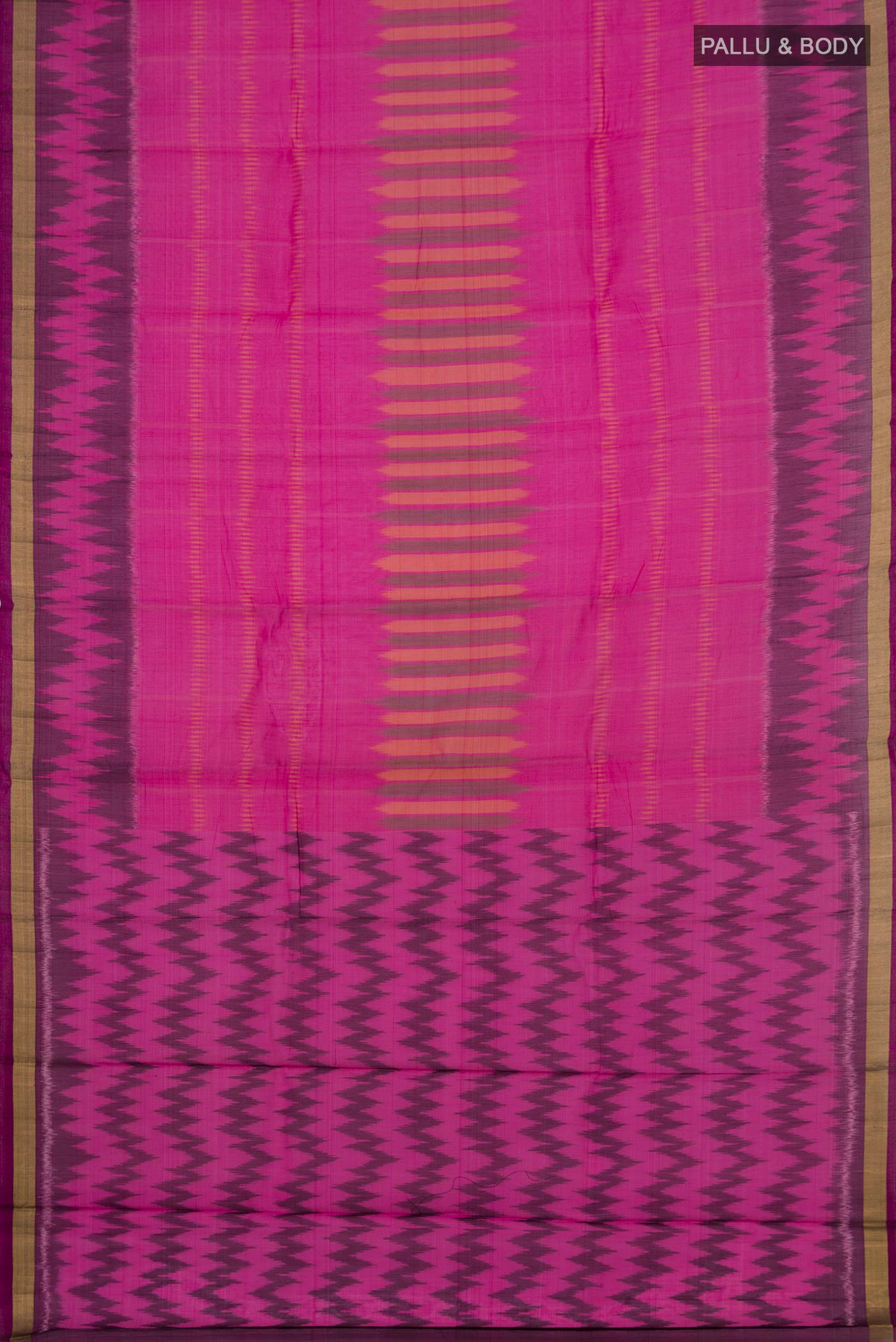 Flat view of Pink Coimbatore Silk Cotton Saree with Ikat Print on the body and Zari Border. 