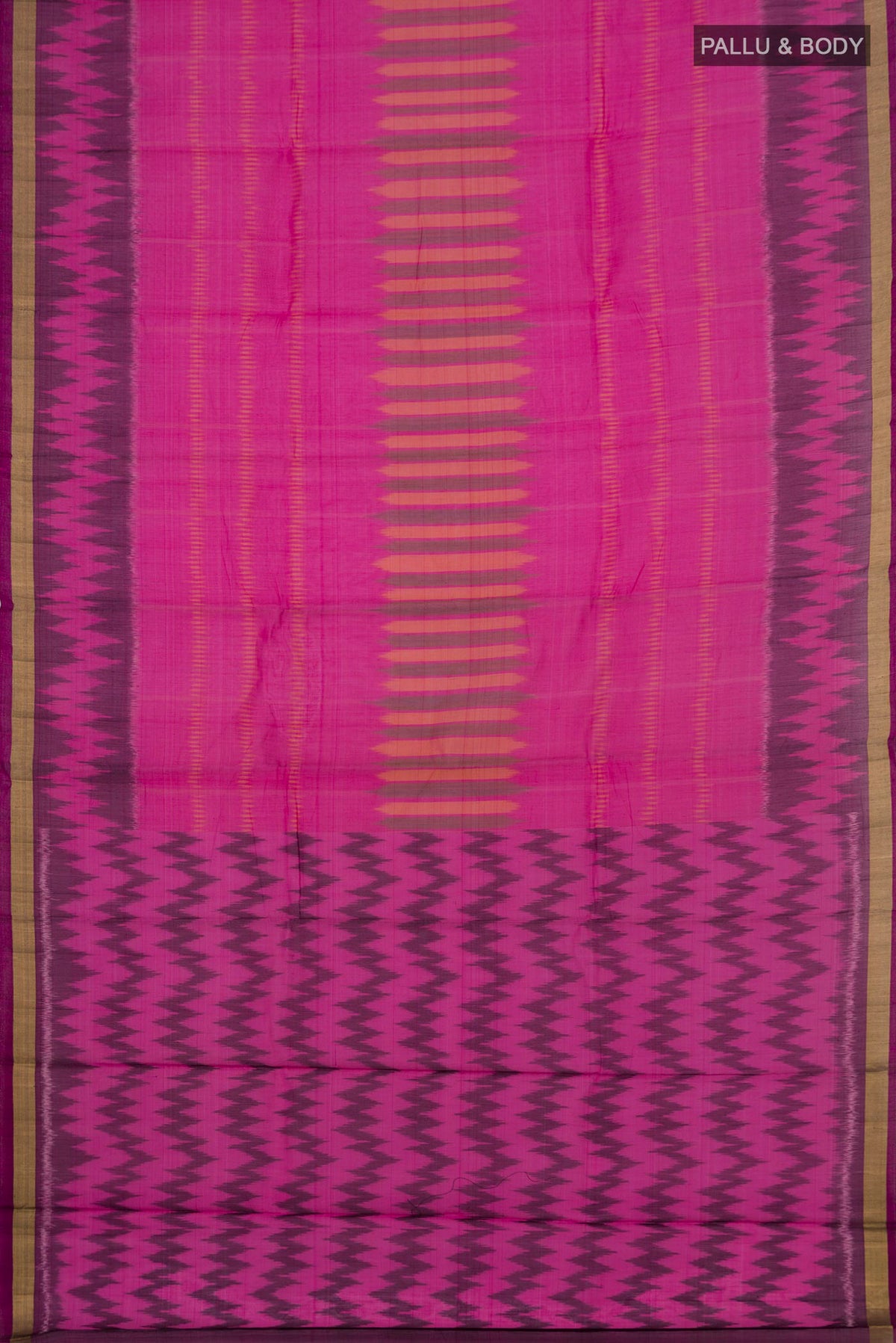 Flat view of Pink Coimbatore Silk Cotton Saree with Ikat Print on the body and Zari Border. 