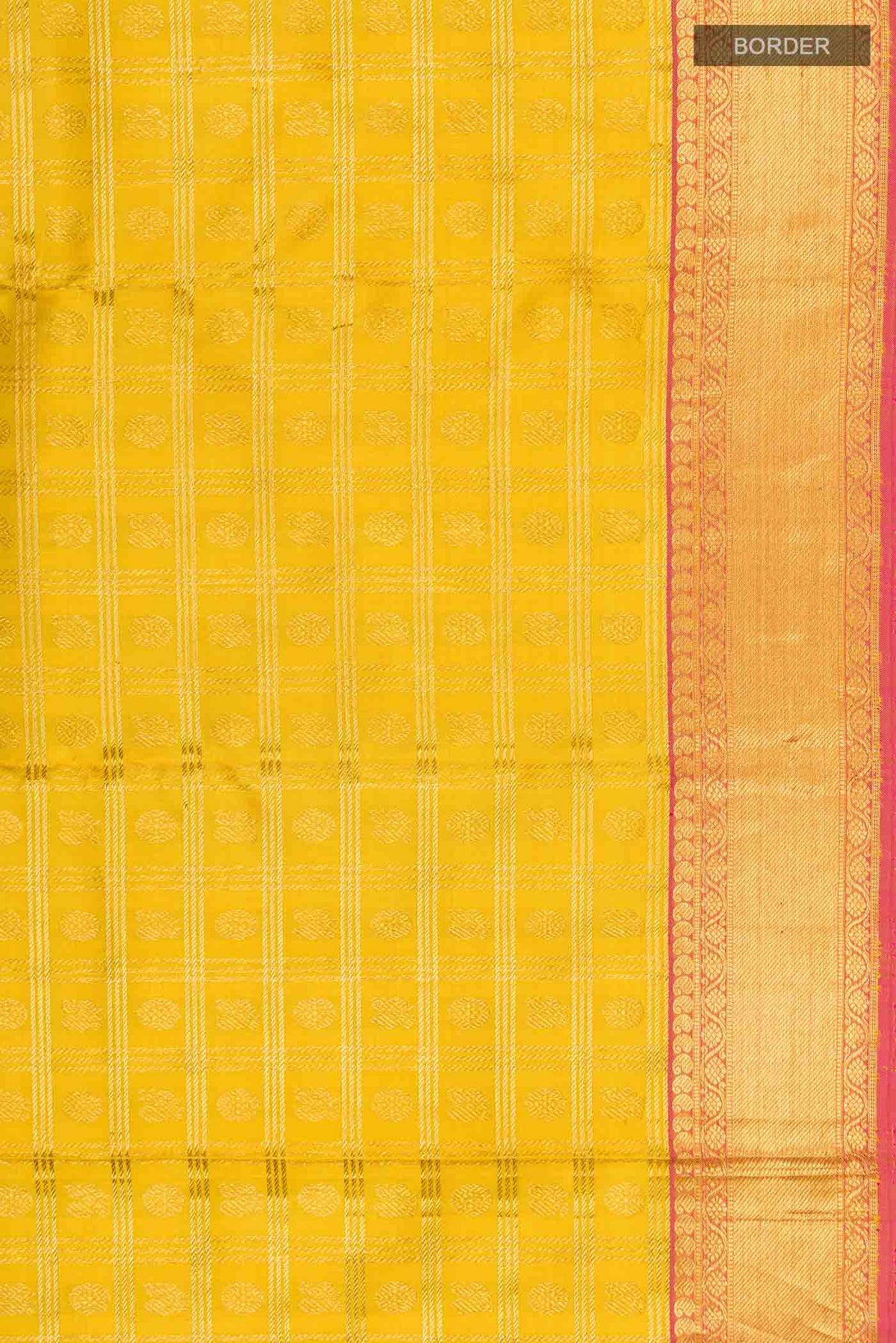Border image of Yellow Kanchipuram Silk Saree with Zari Brocade on the body and Zari Border