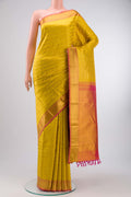 Yellow Kanchipuram Silk Saree with Zari Brocade on the body and Zari Border displayed on a mannequin